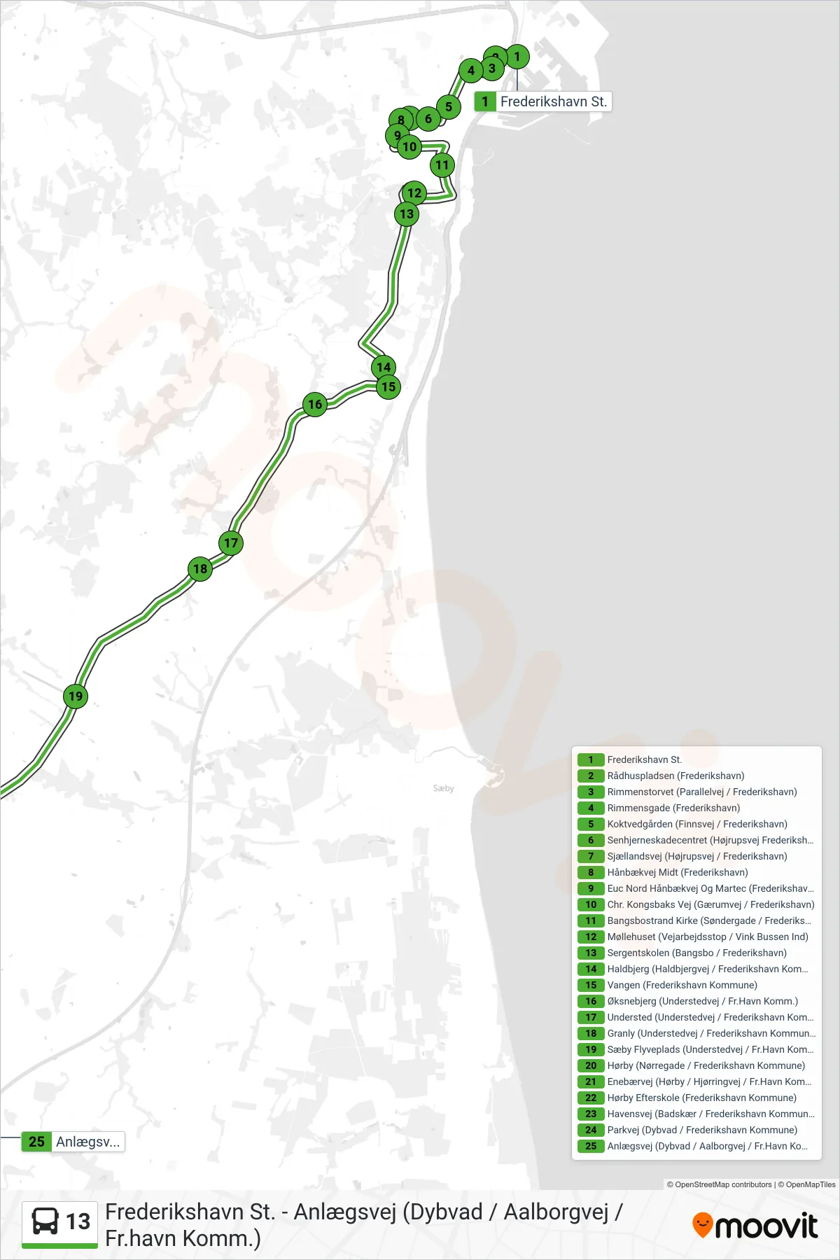 13 bus Linje (Dybvad Via Hørby) rute og stop på et kort