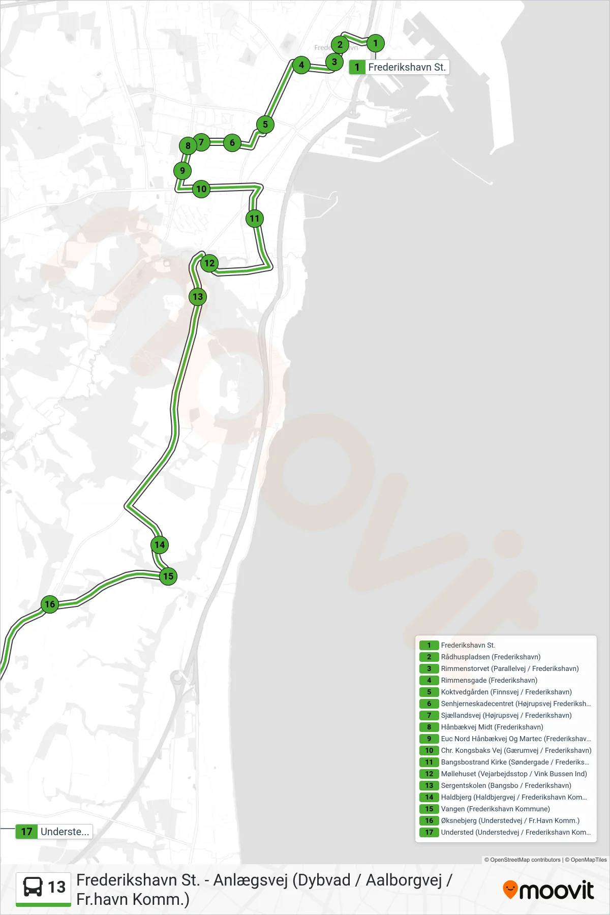 13 bus Linje (Understed Via Haldbjerg) rute og stop på et kort