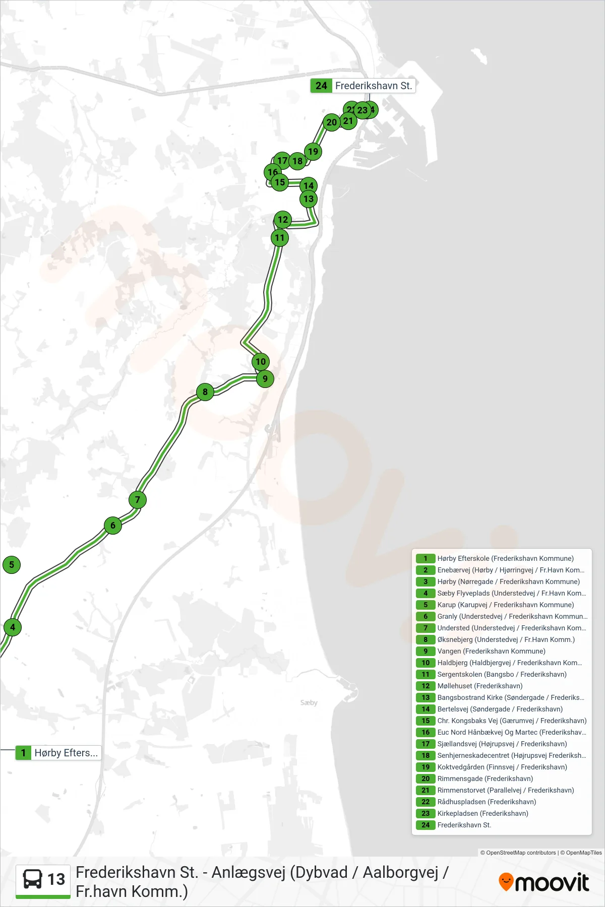 13 bus Linje (Frederikshavn St.) rute og stop på et kort