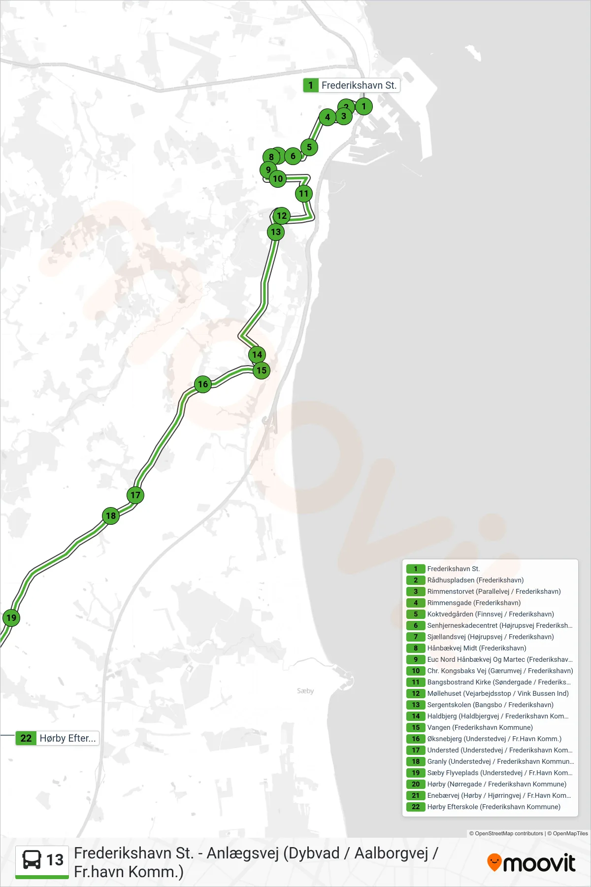 13 bus Linje (Hørby Via Haldbjerg) rute og stop på et kort
