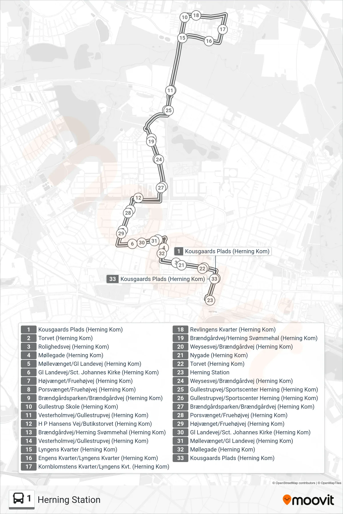1 bus Linje (Herning Station) rute og stop på et kort
