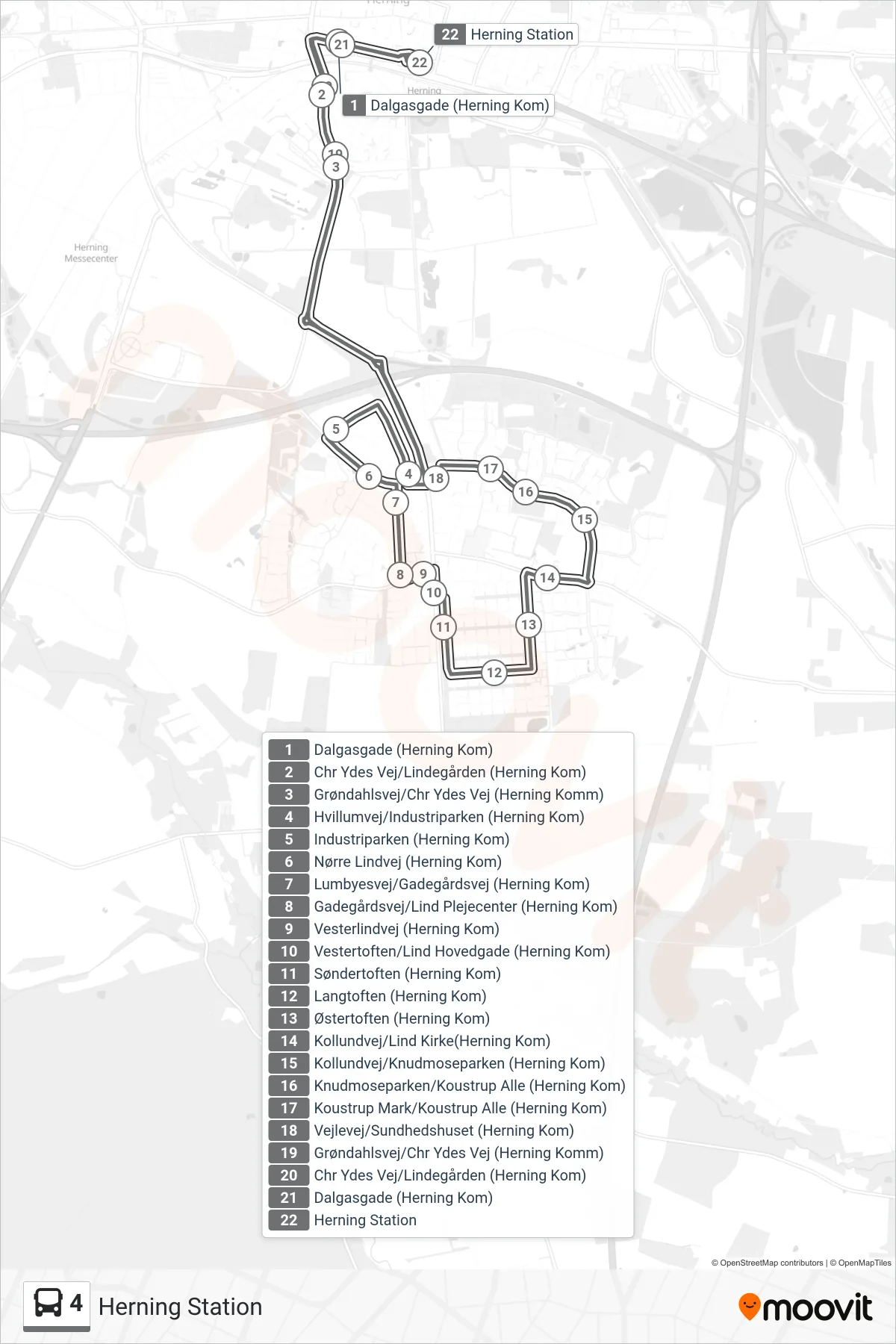 4 bus Linje (Herning Station) rute og stop på et kort