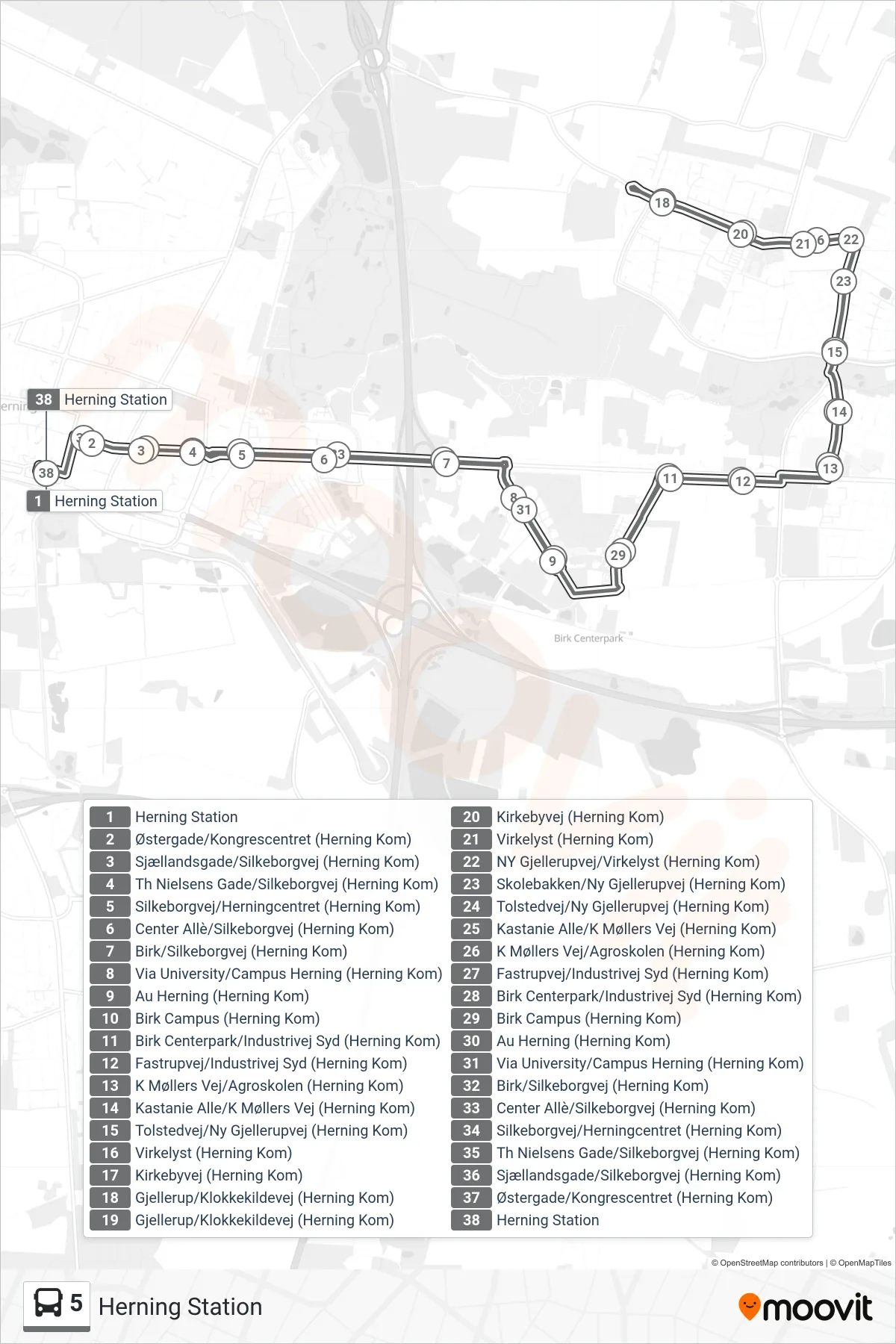 5 bus Linje (Herning Station) rute og stop på et kort
