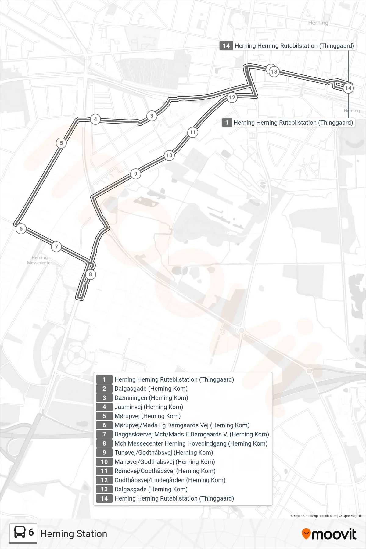 6 bus Linje (Herning Station) rute og stop på et kort
