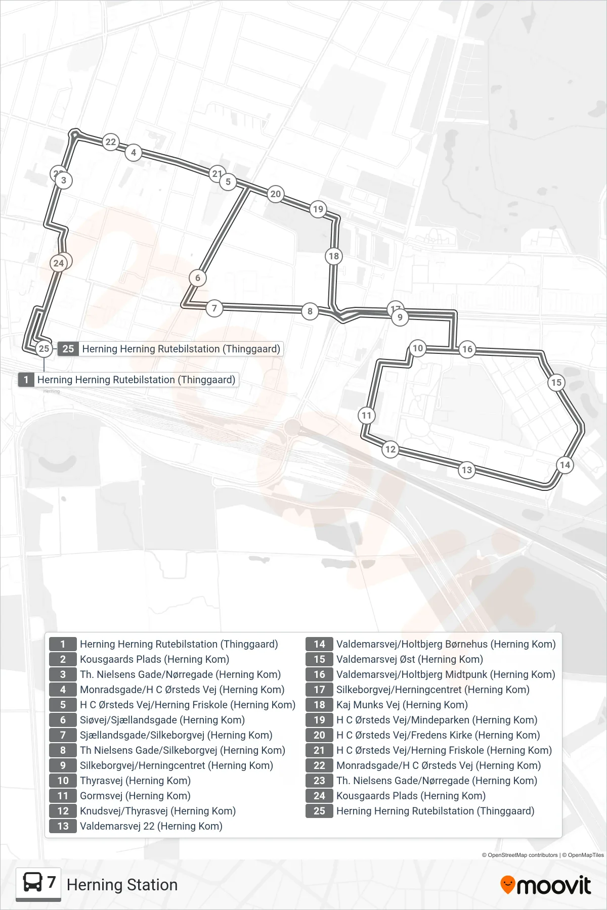 7 bus Linje (Herning Station) rute og stop på et kort
