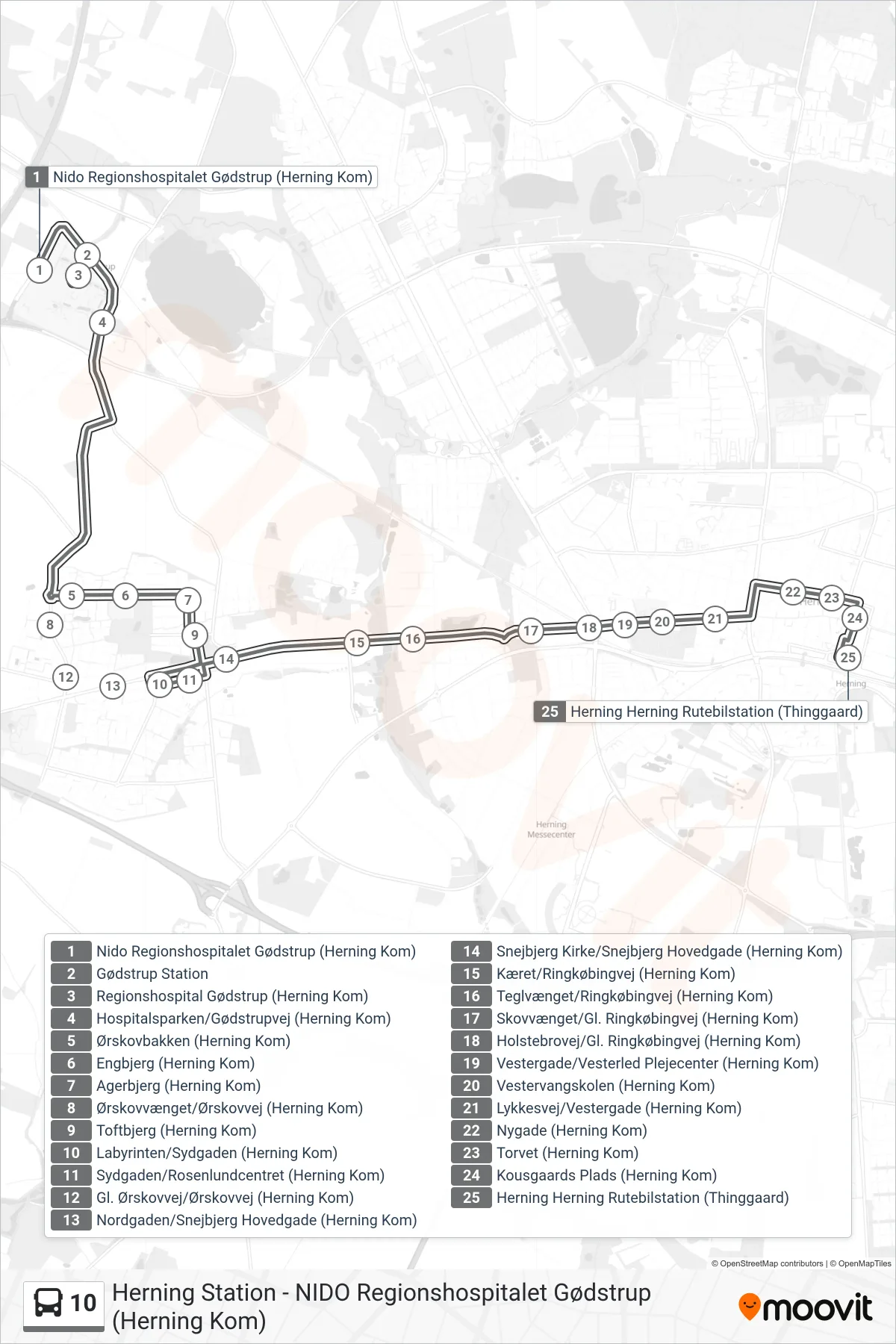 10 bus Linje (Herning Station) rute og stop på et kort