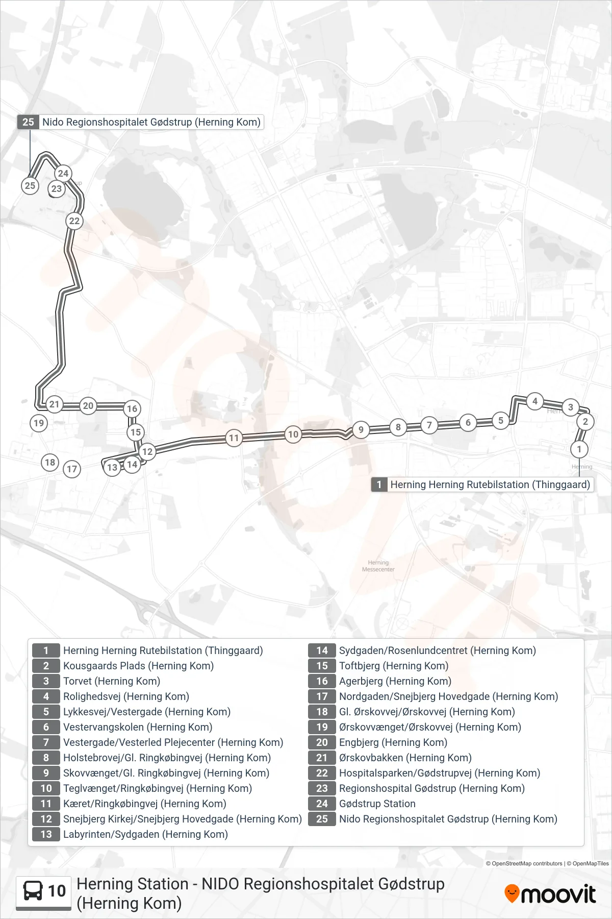 10 bus Linje (Nido Regionshospitalet Gødstrup (Herning Kom)) rute og stop på et kort