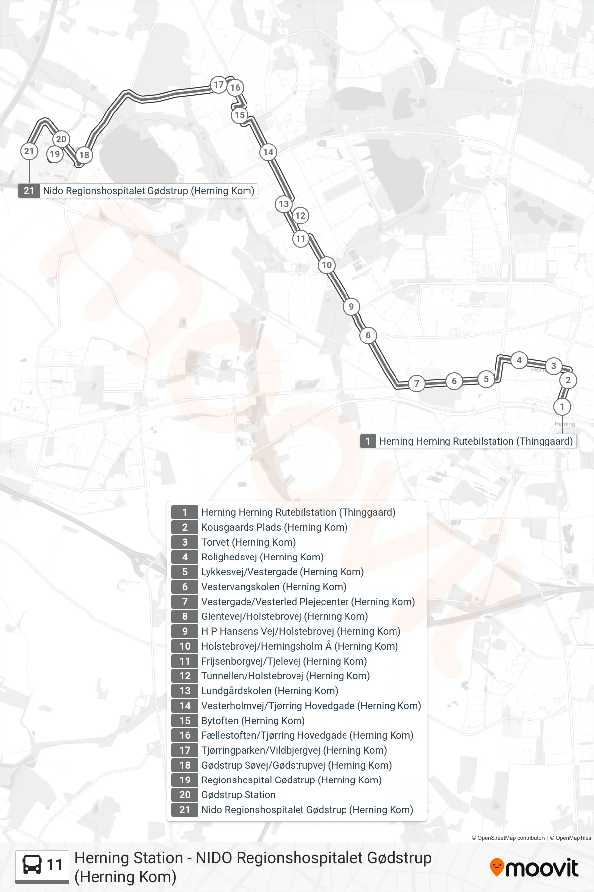 11 bus Linje (Nido Regionshospitalet Gødstrup (Herning Kom)) rute og stop på et kort