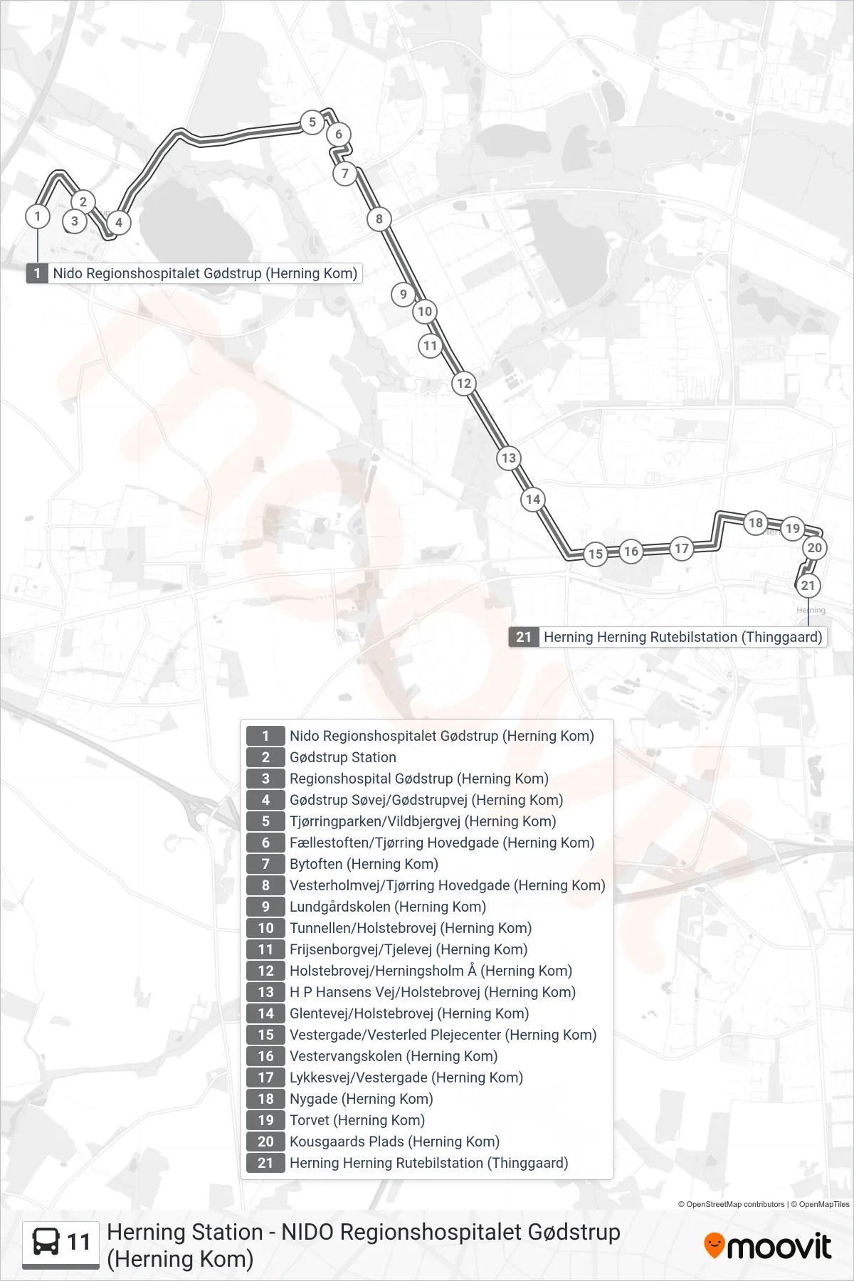 11 bus Linje (Herning Station) rute og stop på et kort