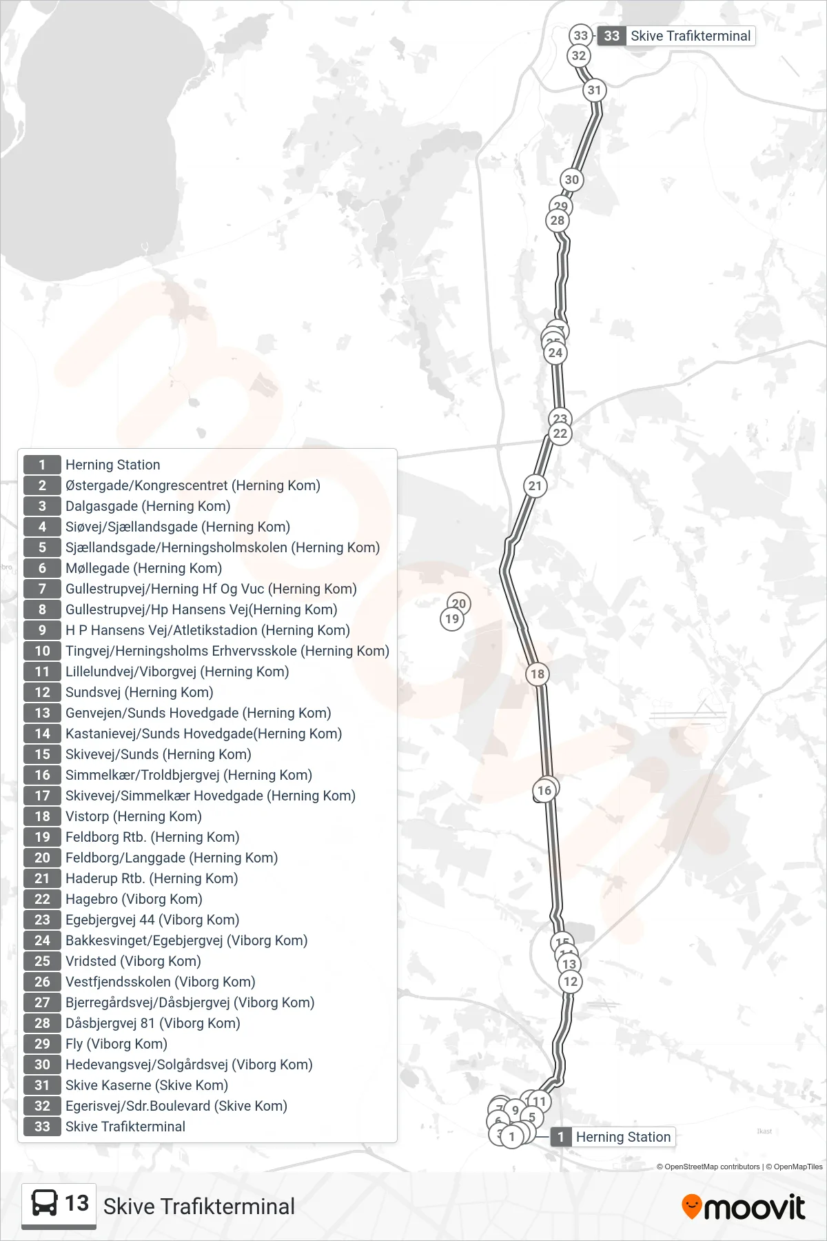 13 bus Linje (Skive Trafikterminal) rute og stop på et kort