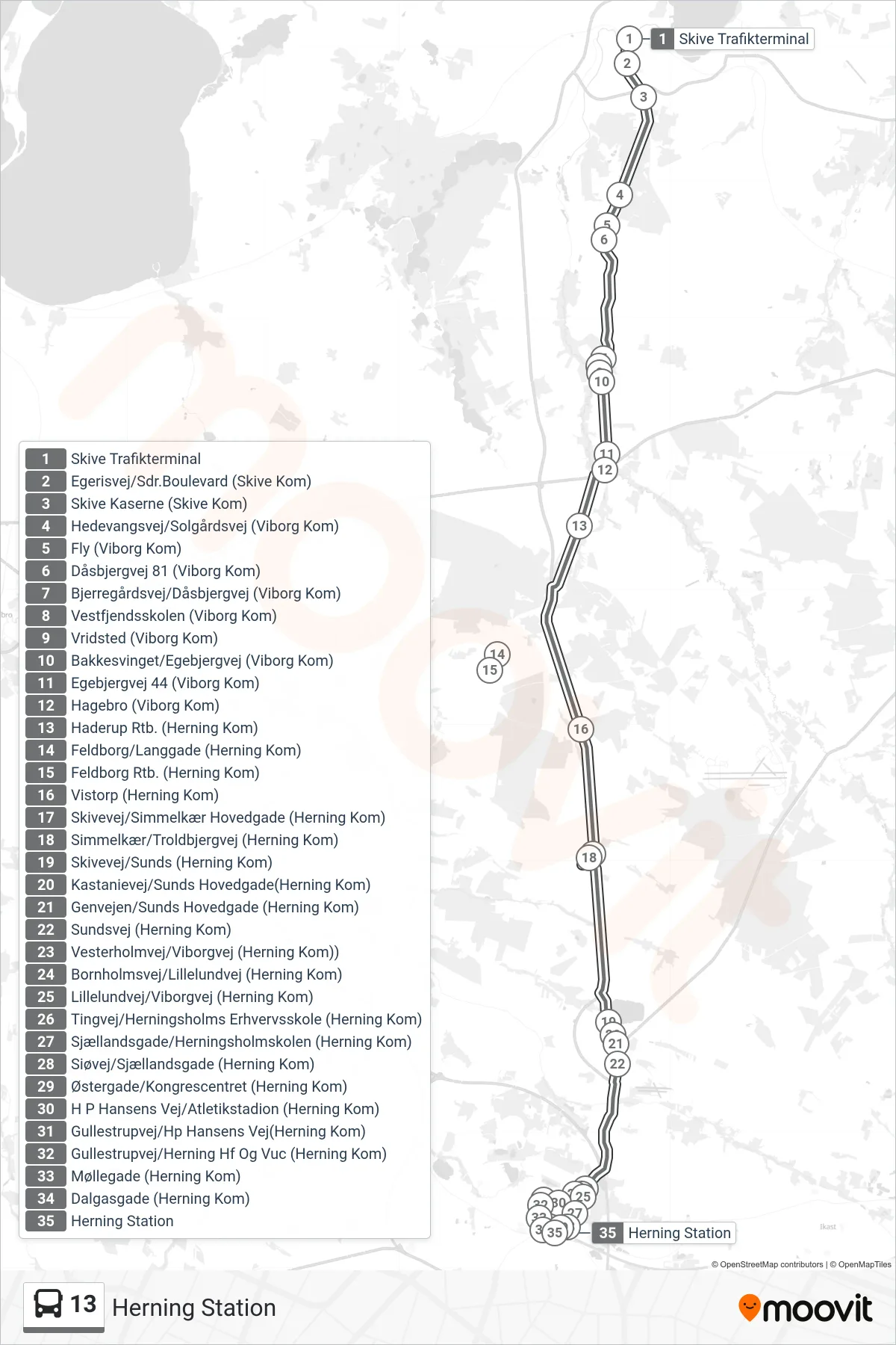 13 bus Linje (Herning Station) rute og stop på et kort