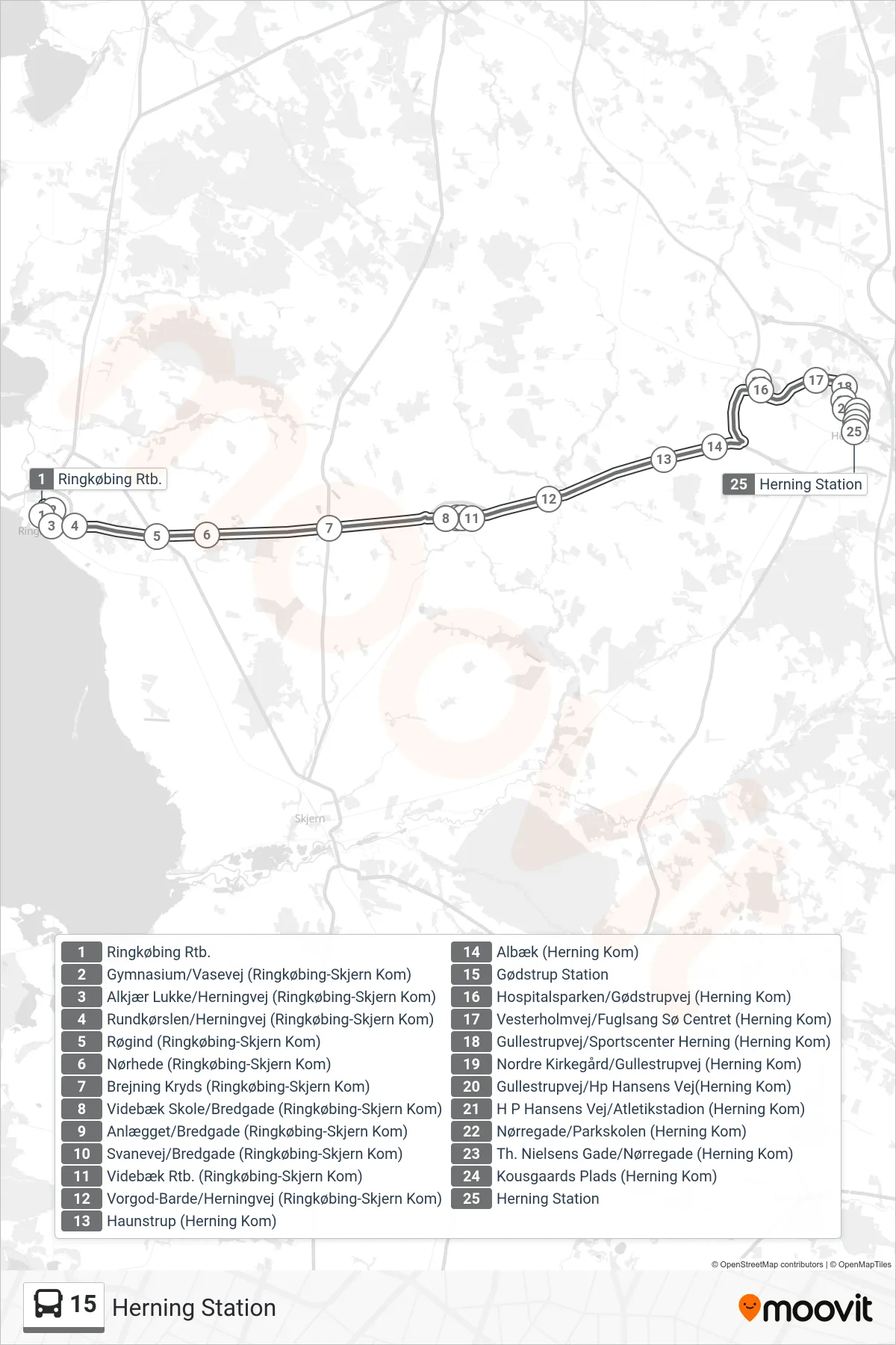 15 bus Linje (Herning Station) rute og stop på et kort