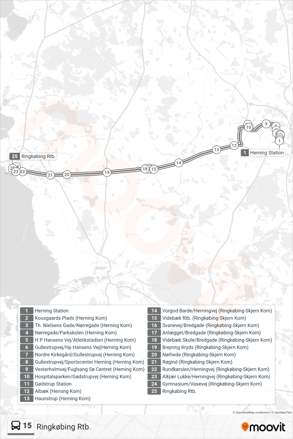 15 bus Linje (Ringkøbing Rtb.) rute og stop på et kort