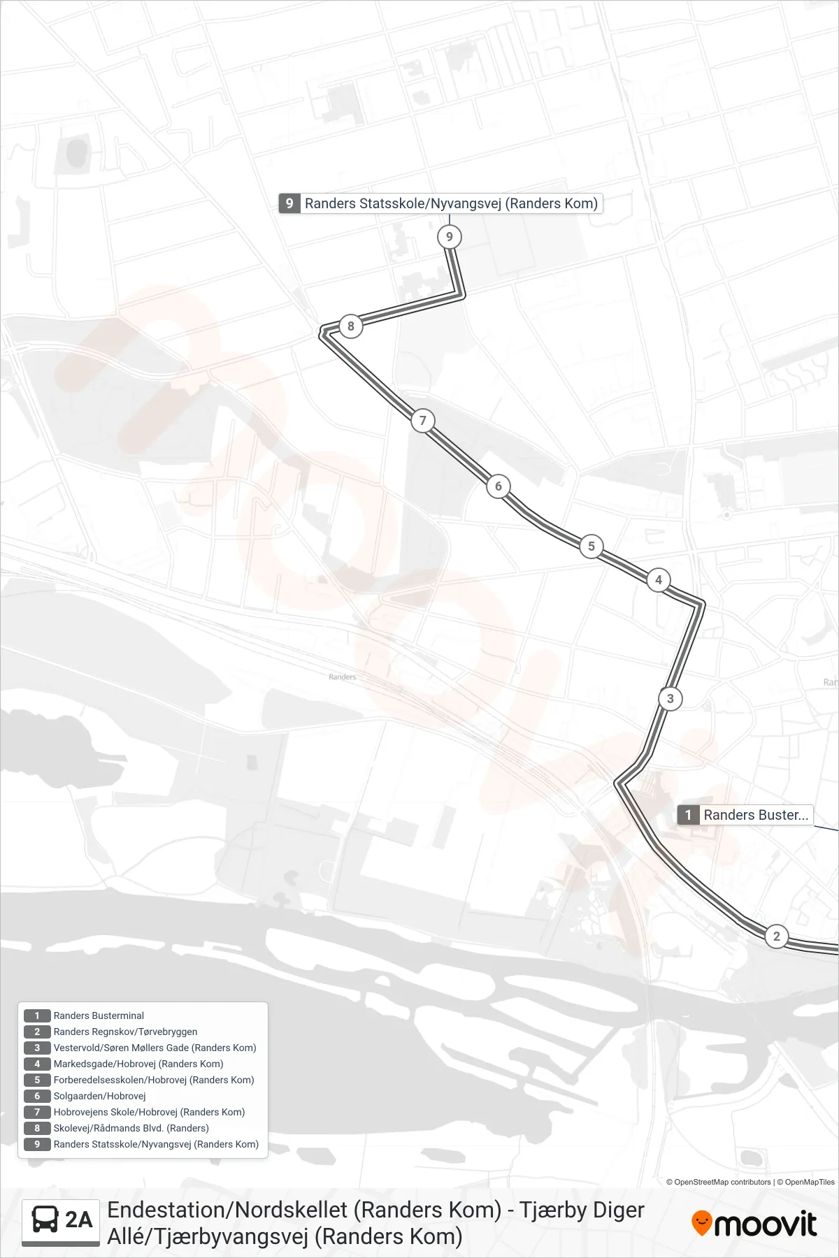 2A bus Linje (Randers Statsskole) rute og stop på et kort