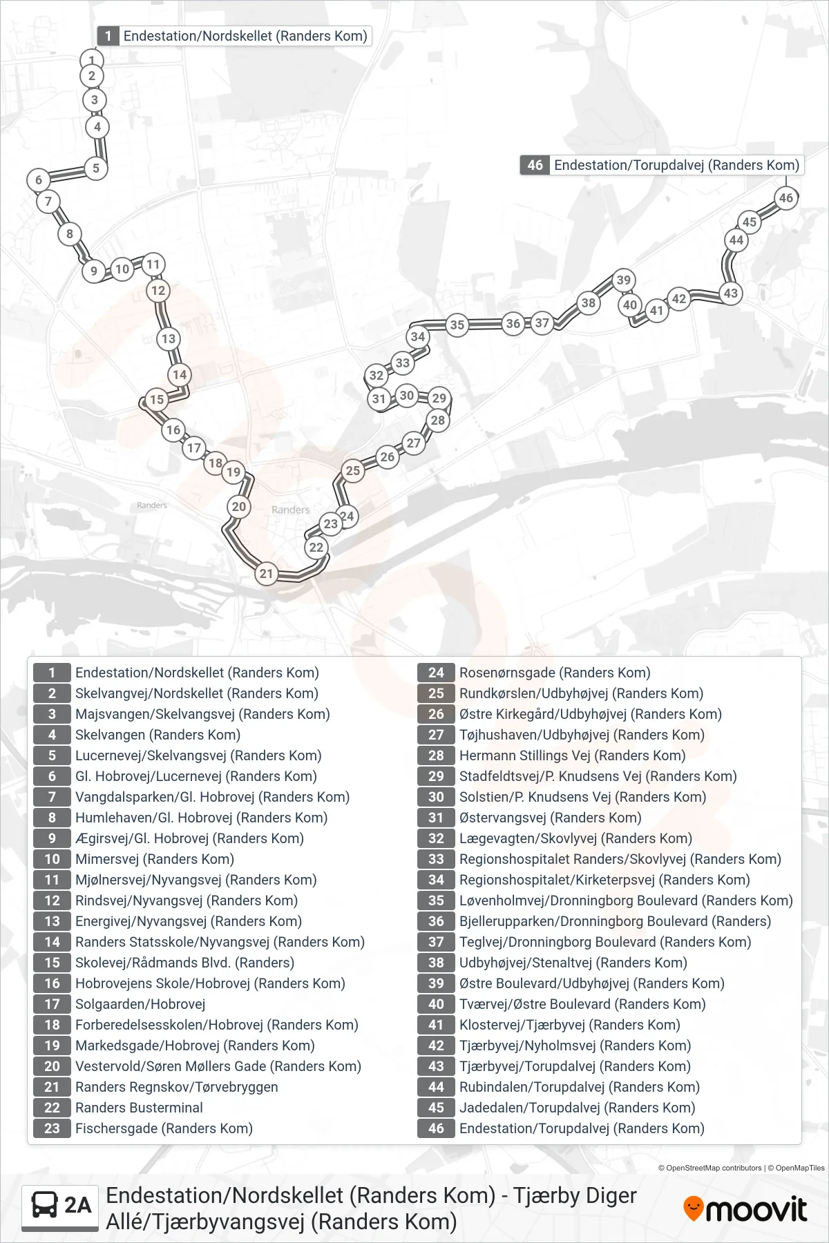 2A bus Linje (Endestation/Torupdalvej (Randers Kom)) rute og stop på et kort