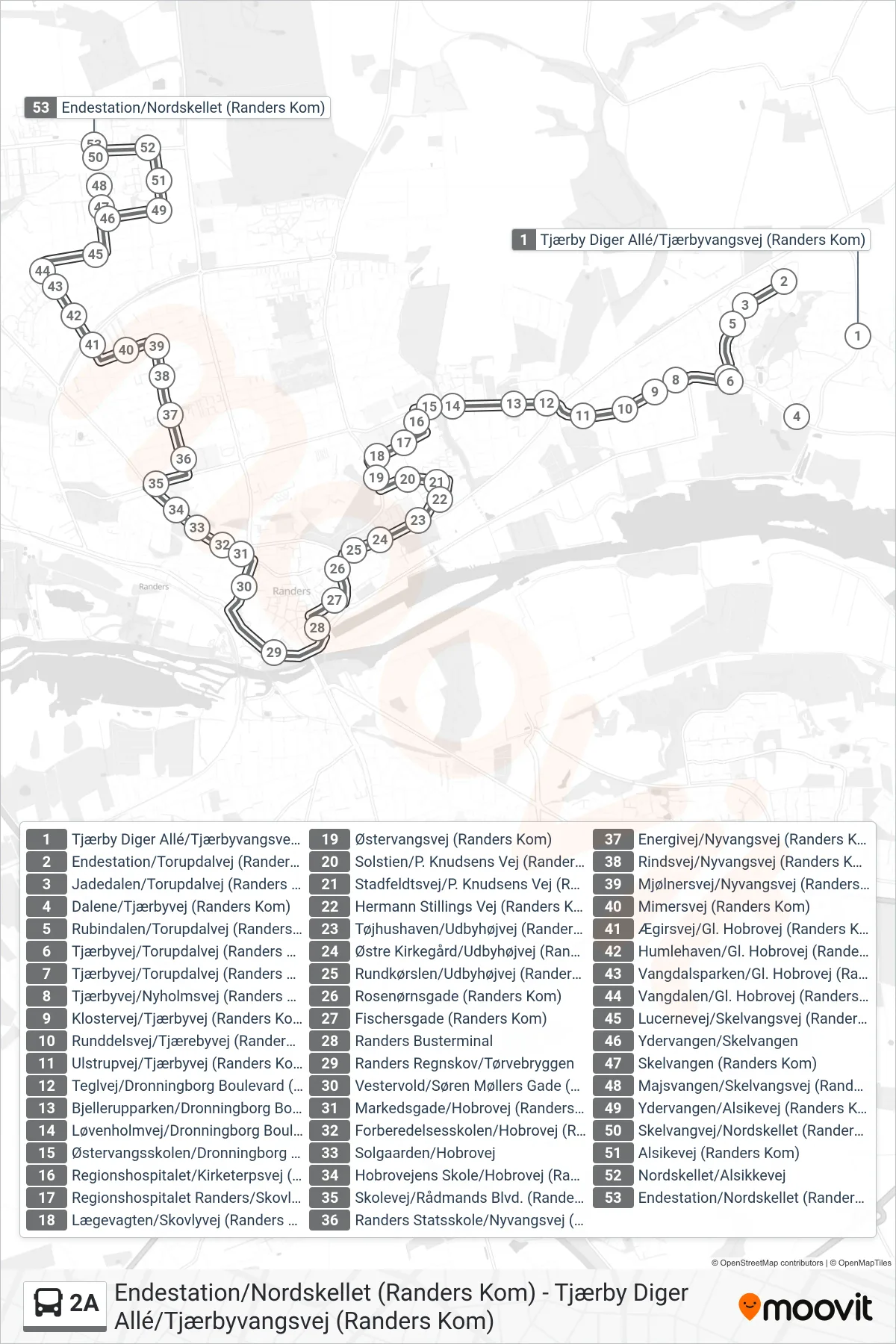 2A bus Linje (Endestation/Nordskellet (Randers Kom)) rute og stop på et kort
