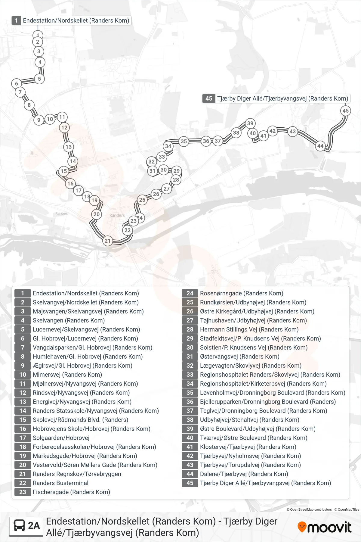 2A bus Linje (Tjærby Diger Allé/Tjærbyvangsvej (Randers Kom)) rute og stop på et kort