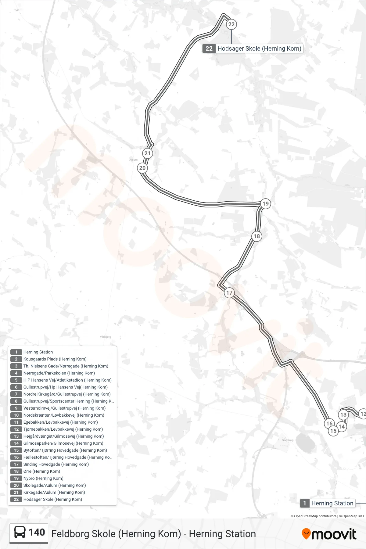 140 bus Linje (Hodsager Skole) rute og stop på et kort