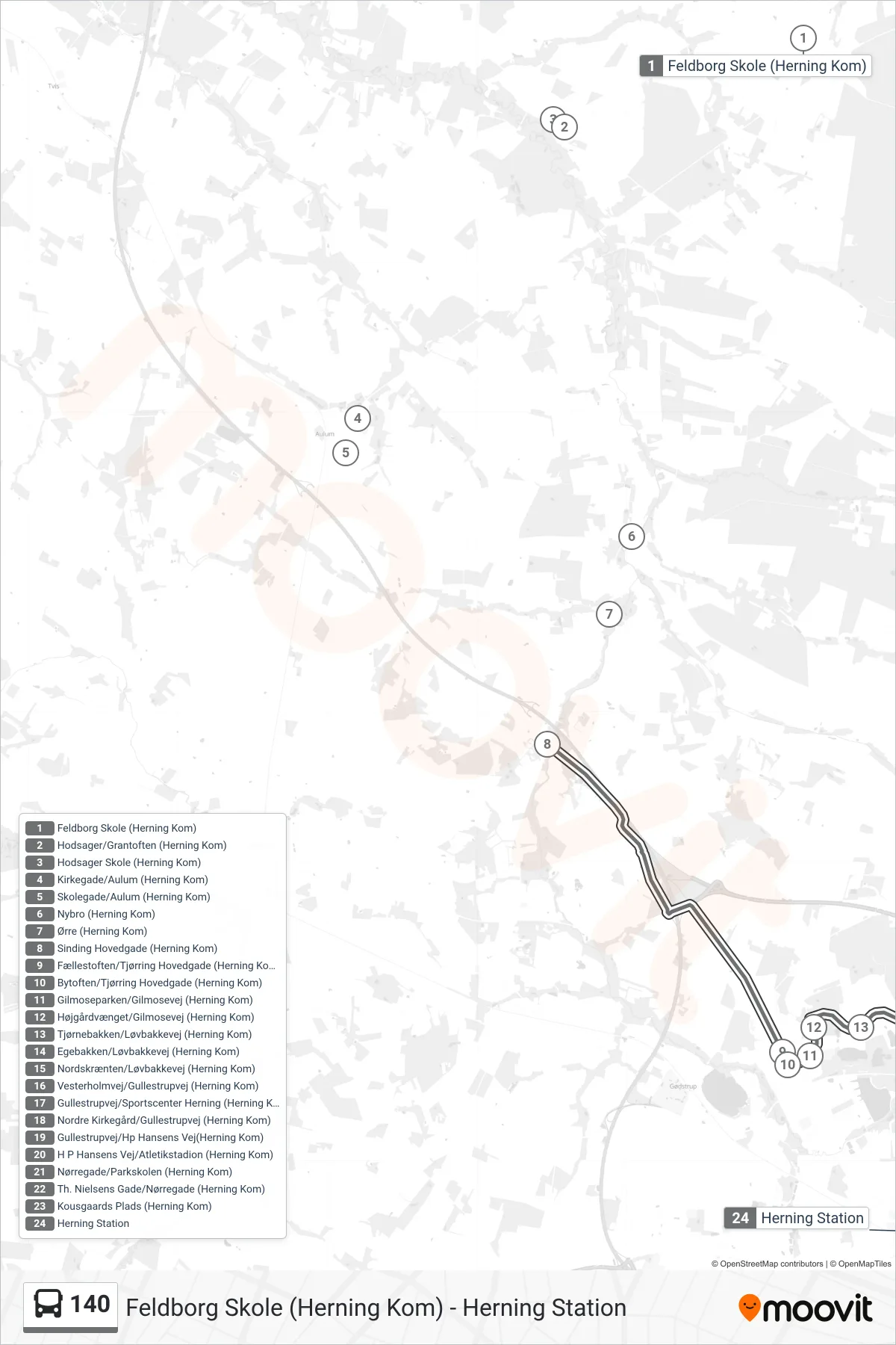 140 bus Linje (Herning Station) rute og stop på et kort