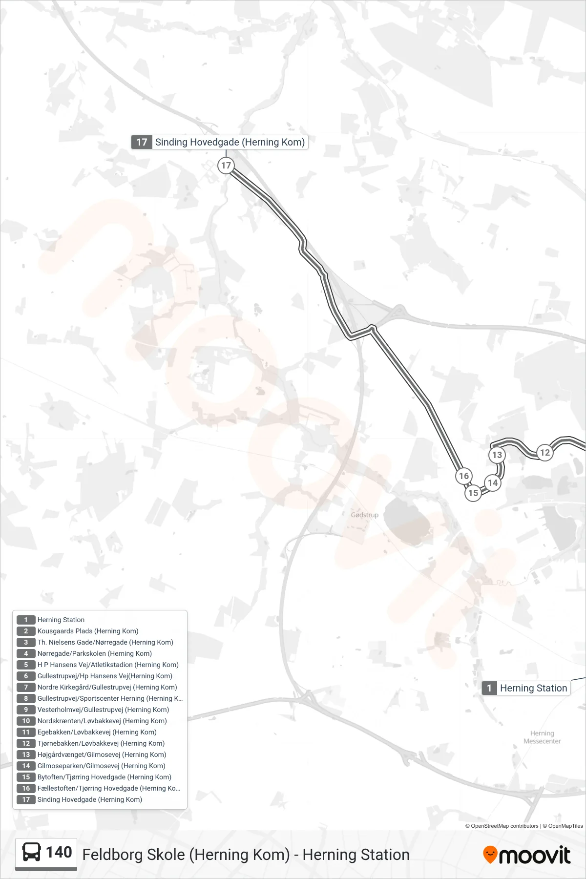 140 bus Linje (Sinding) rute og stop på et kort