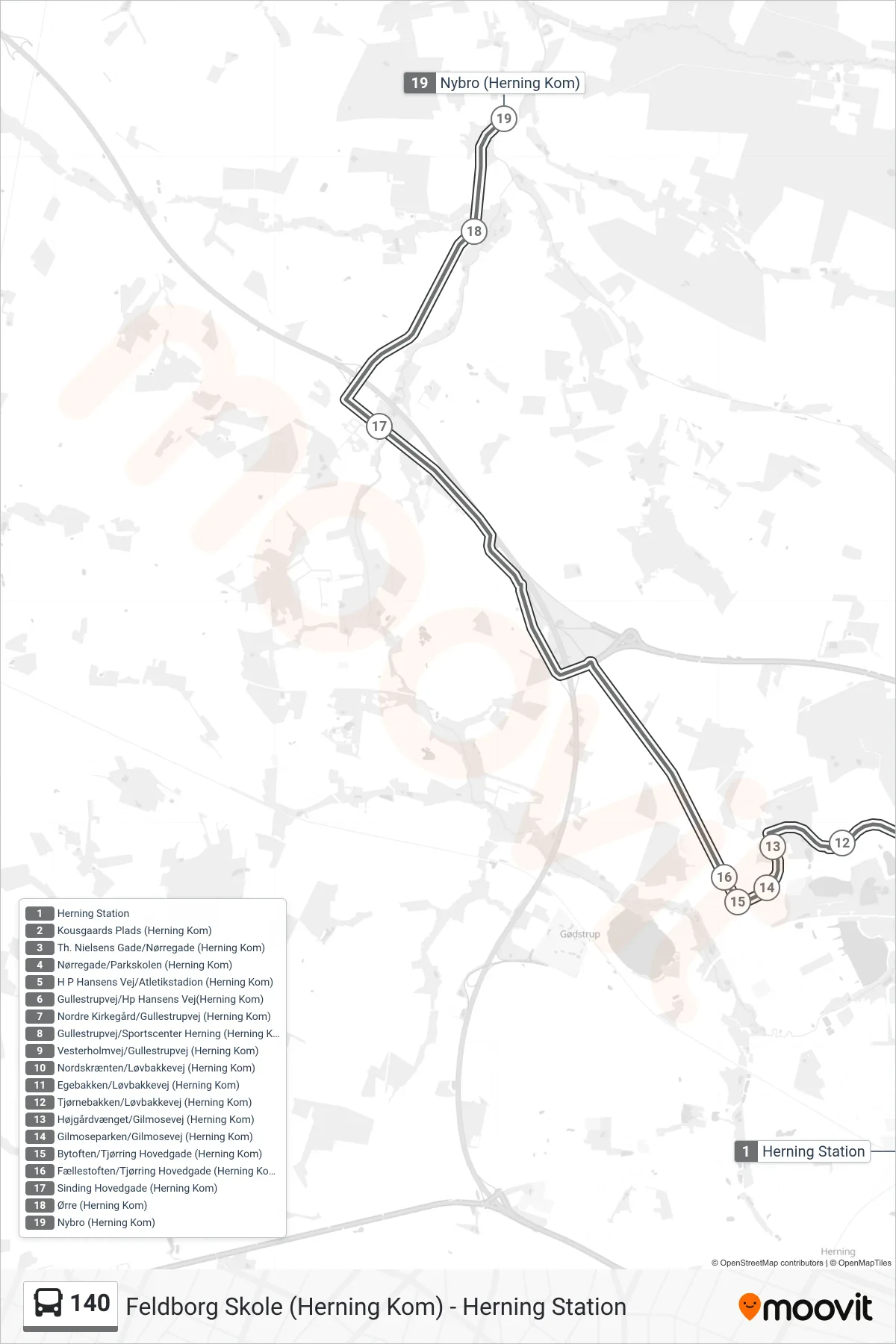 140 bus Linje (Nybro) rute og stop på et kort