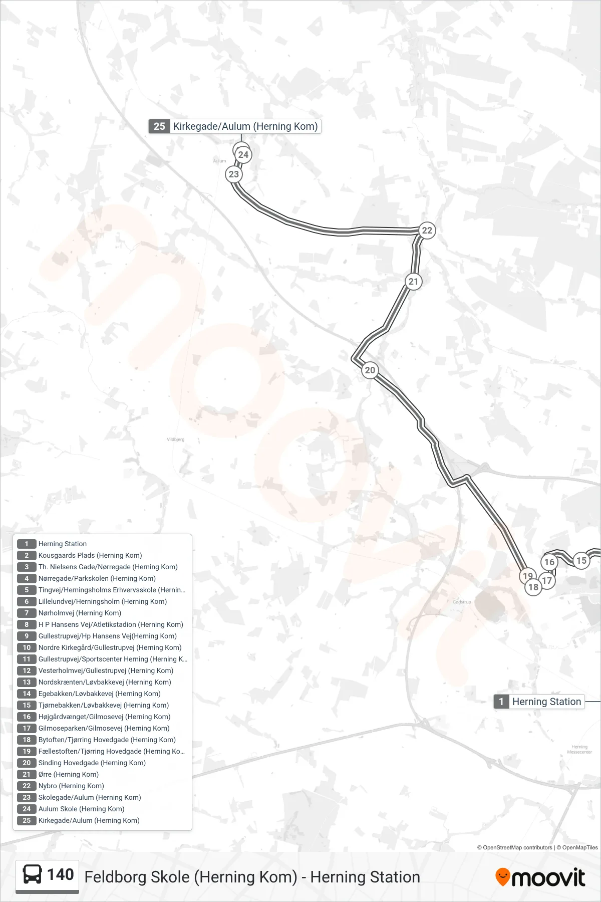 140 bus Linje (Aulum) rute og stop på et kort