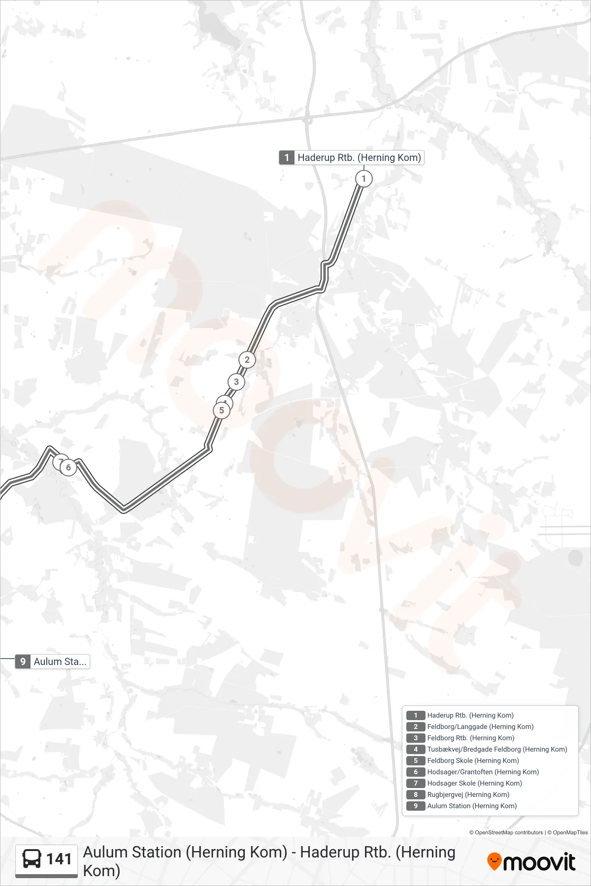 141 bus Linje (Aulum (Flexbus)) rute og stop på et kort