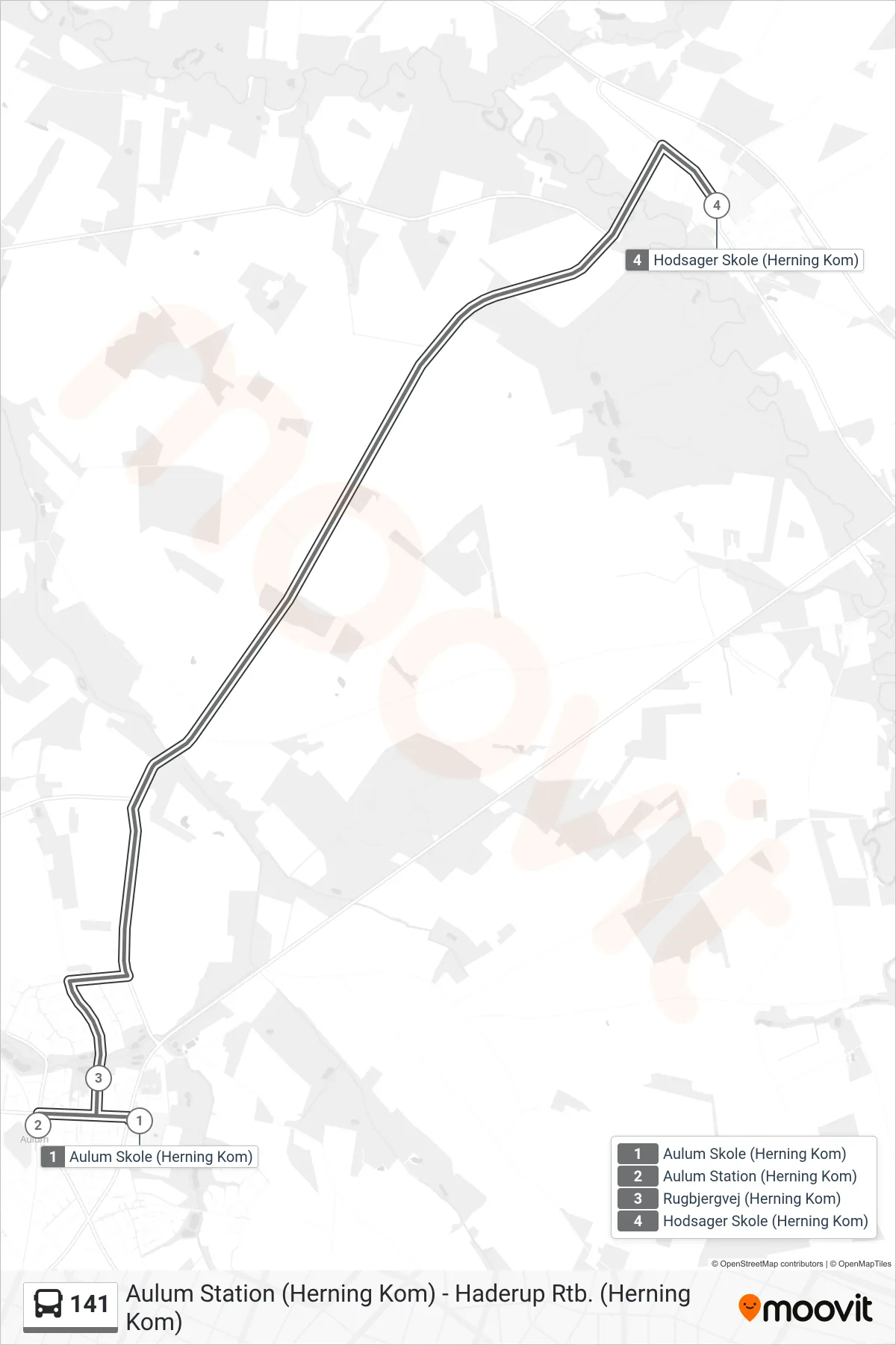 141 bus Linje (Hodsager Skole (Herning Kom)) rute og stop på et kort