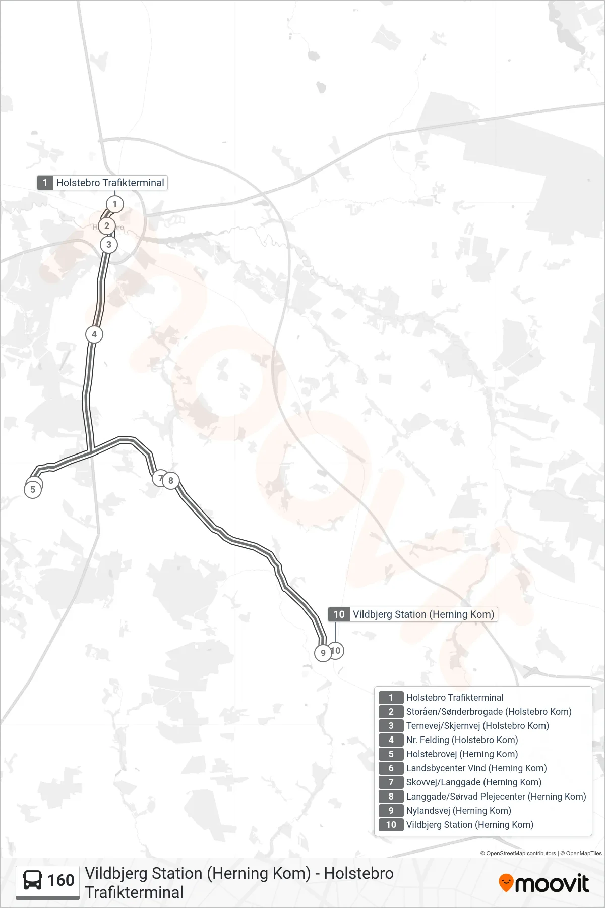 160 bus Linje (Vildbjerg Station (Herning Kom)) rute og stop på et kort