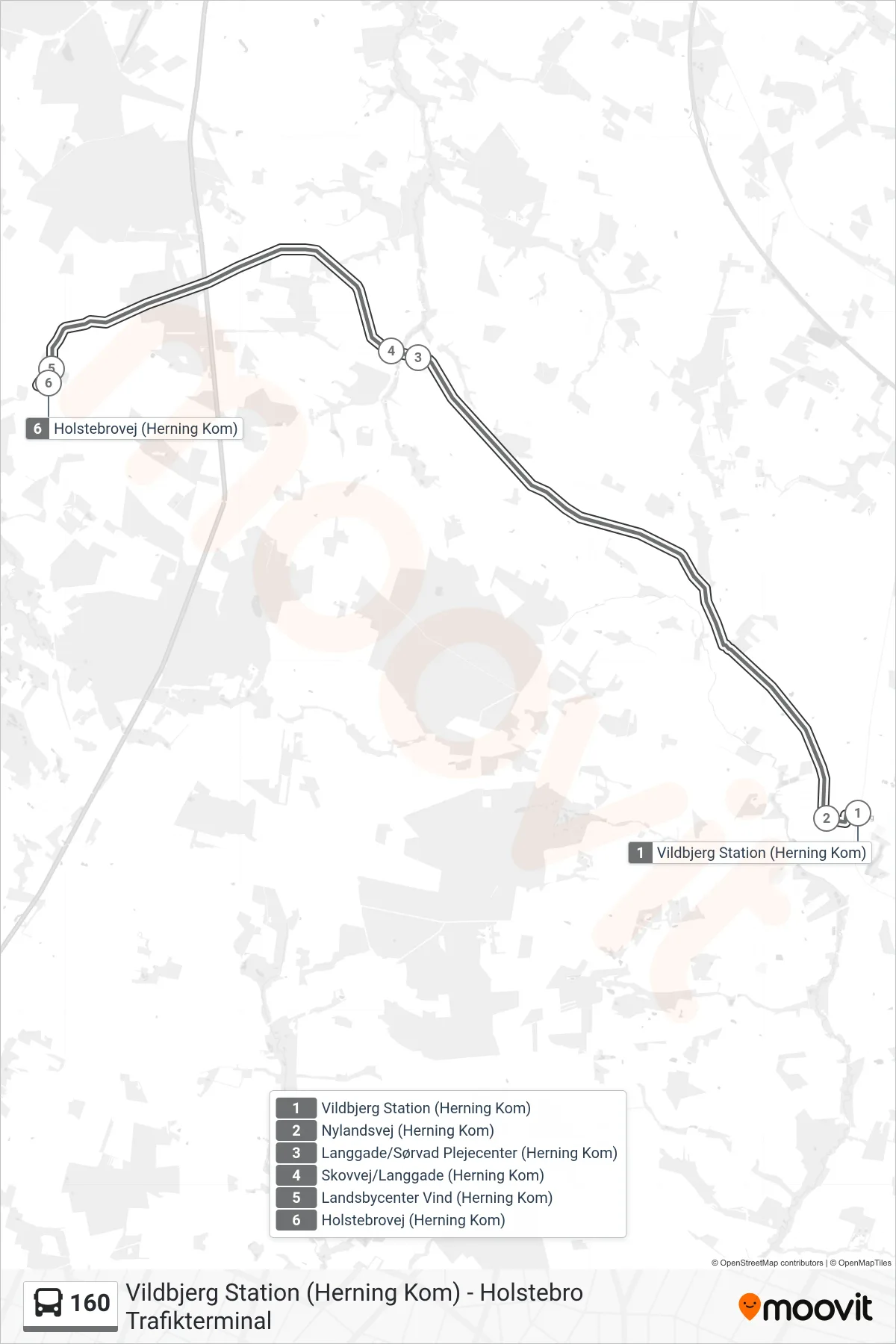 160 bus Linje (Vind) rute og stop på et kort