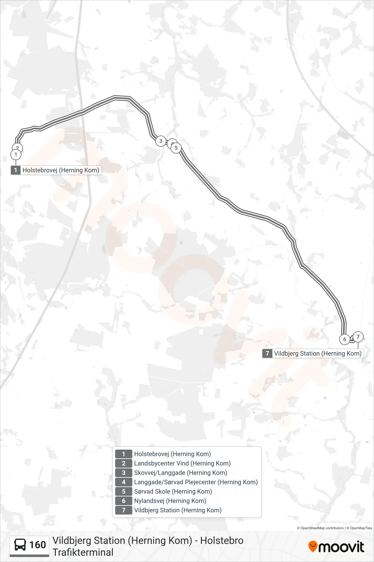 160 bus Linje (Vildbjerg St.) rute og stop på et kort
