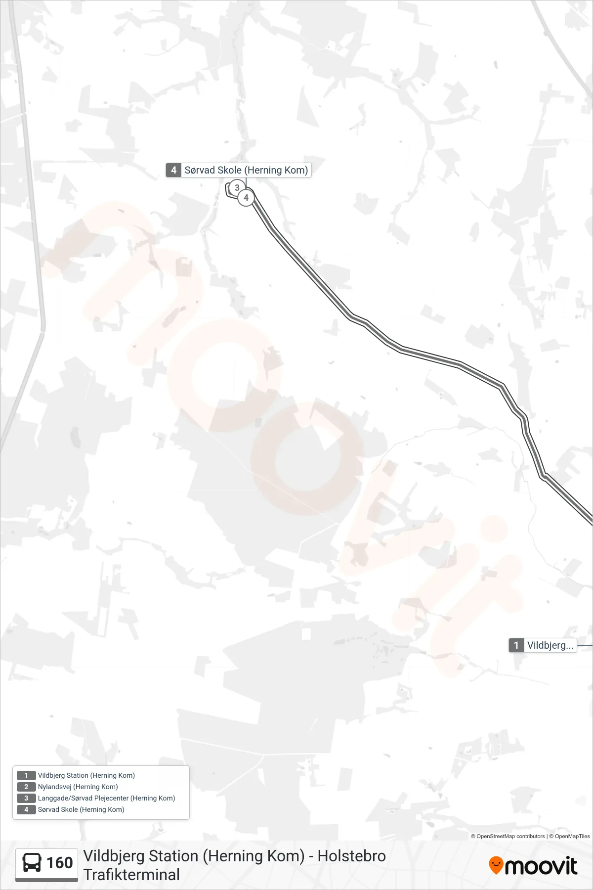 160 bus Line (Sørvad) route and stops on a map
