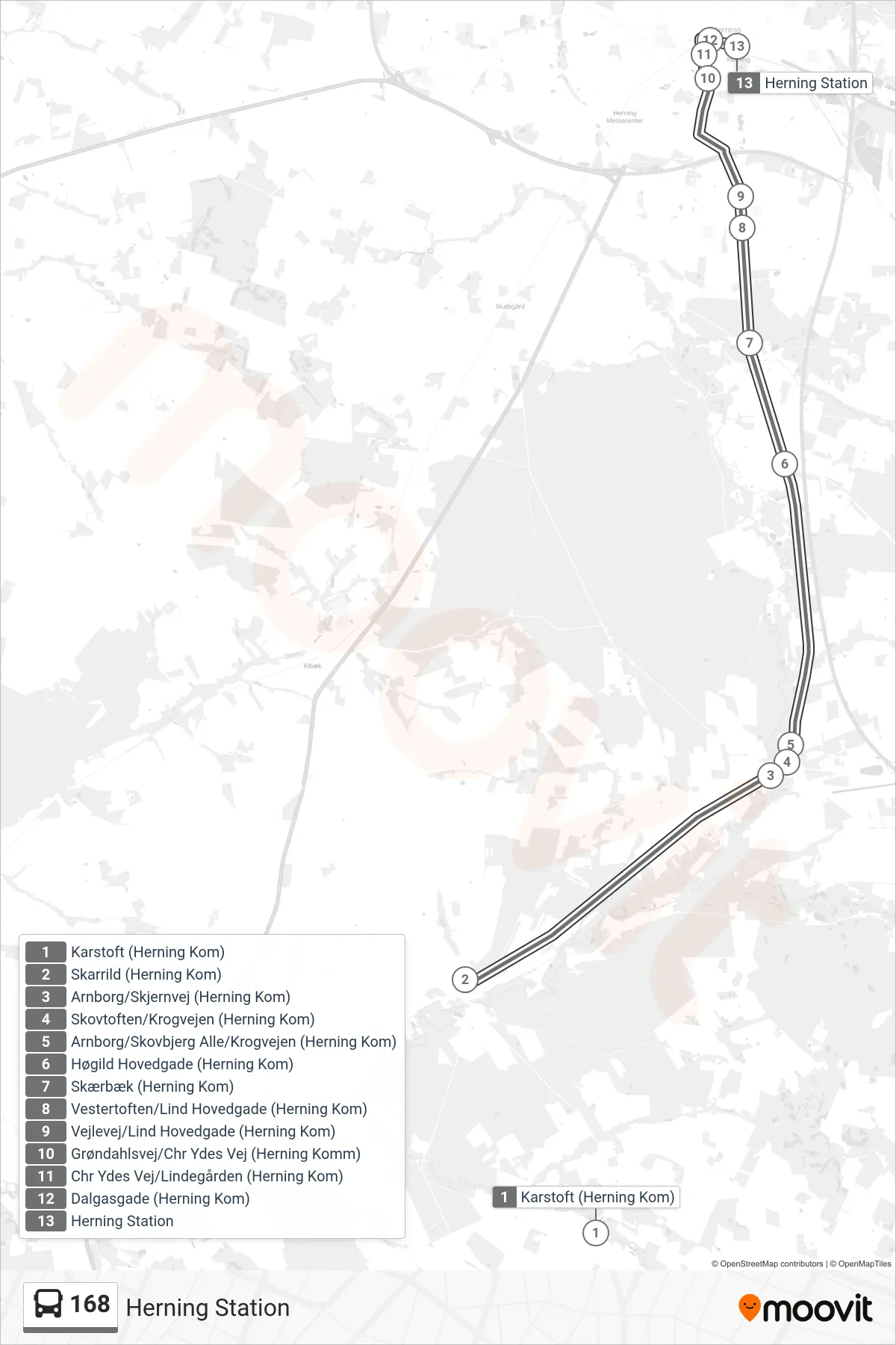 168 bus Linje (Herning Station) rute og stop på et kort