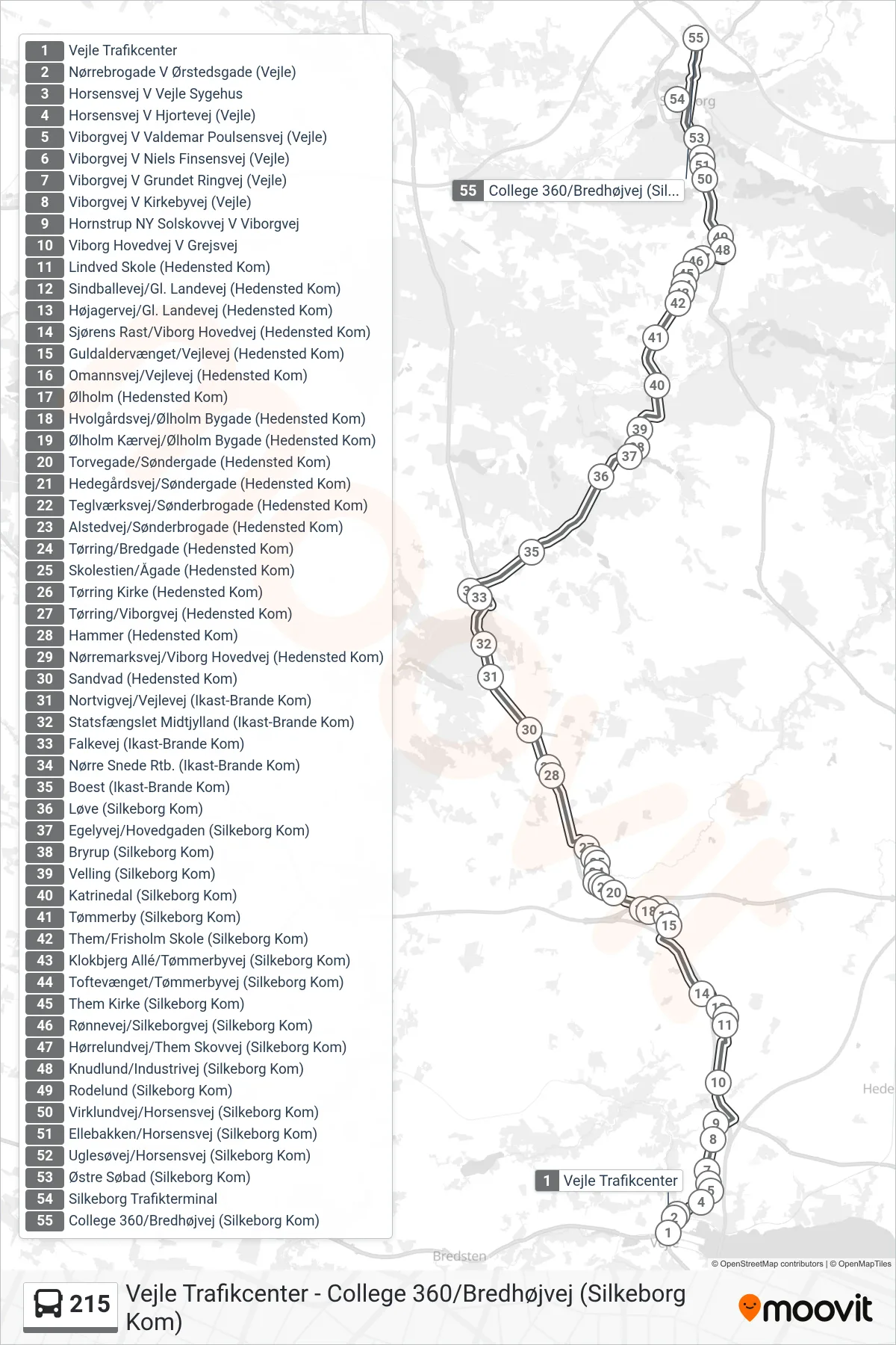 215 bus Linje (College 360/Bredhøjvej (Silkeborg Kom)) rute og stop på et kort