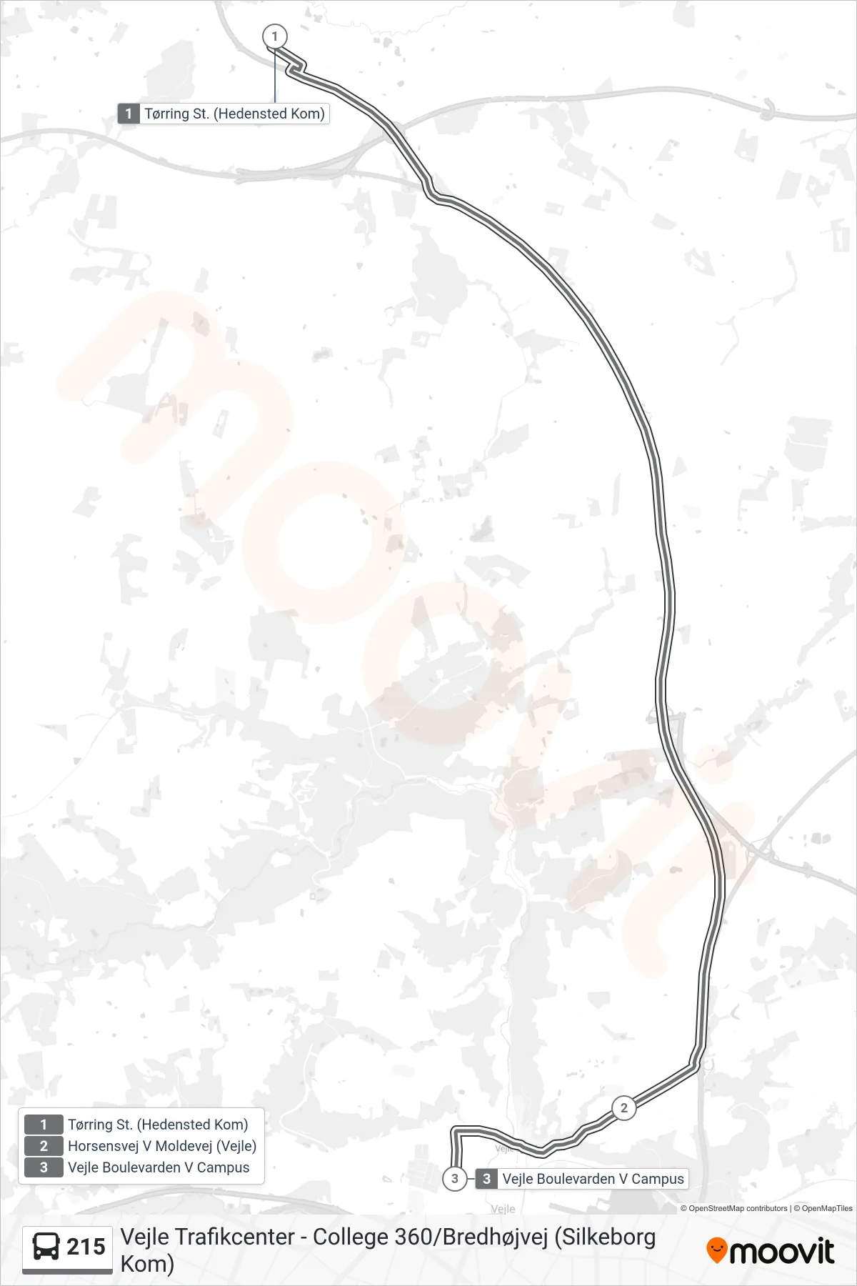 215 bus Linje (Campus Vejle) rute og stop på et kort