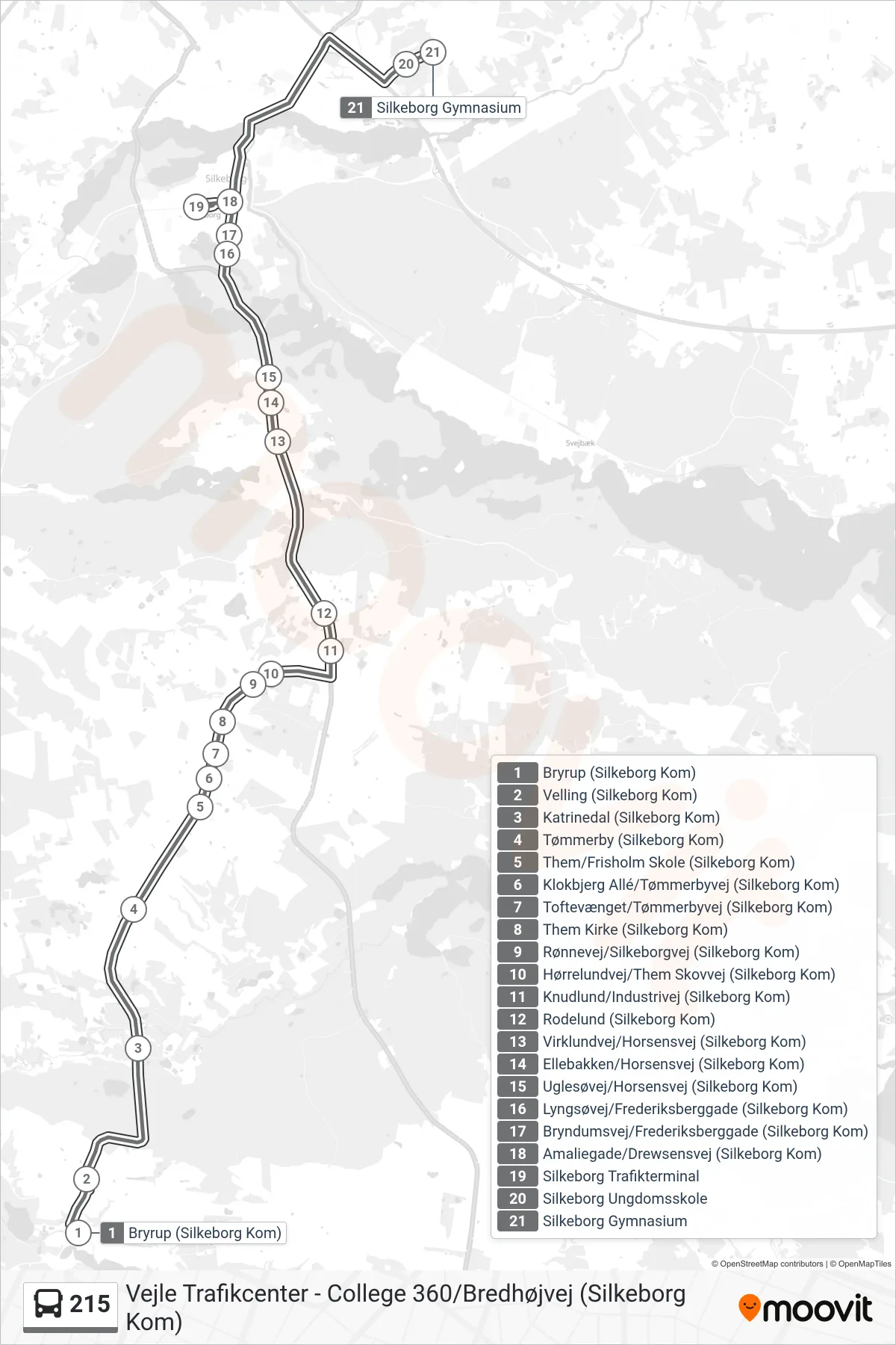 215 bus Linje (Silkeborg Gymnasium) rute og stop på et kort