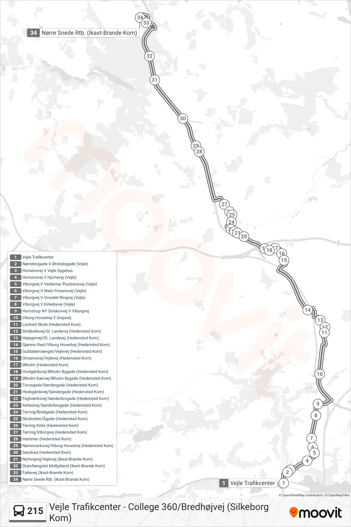 215 bus Line (Nørre Snede Rtb.) route and stops on a map
