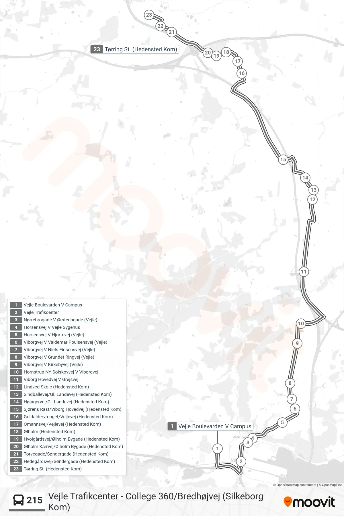 215 bus Linje (Tørring St.) rute og stop på et kort