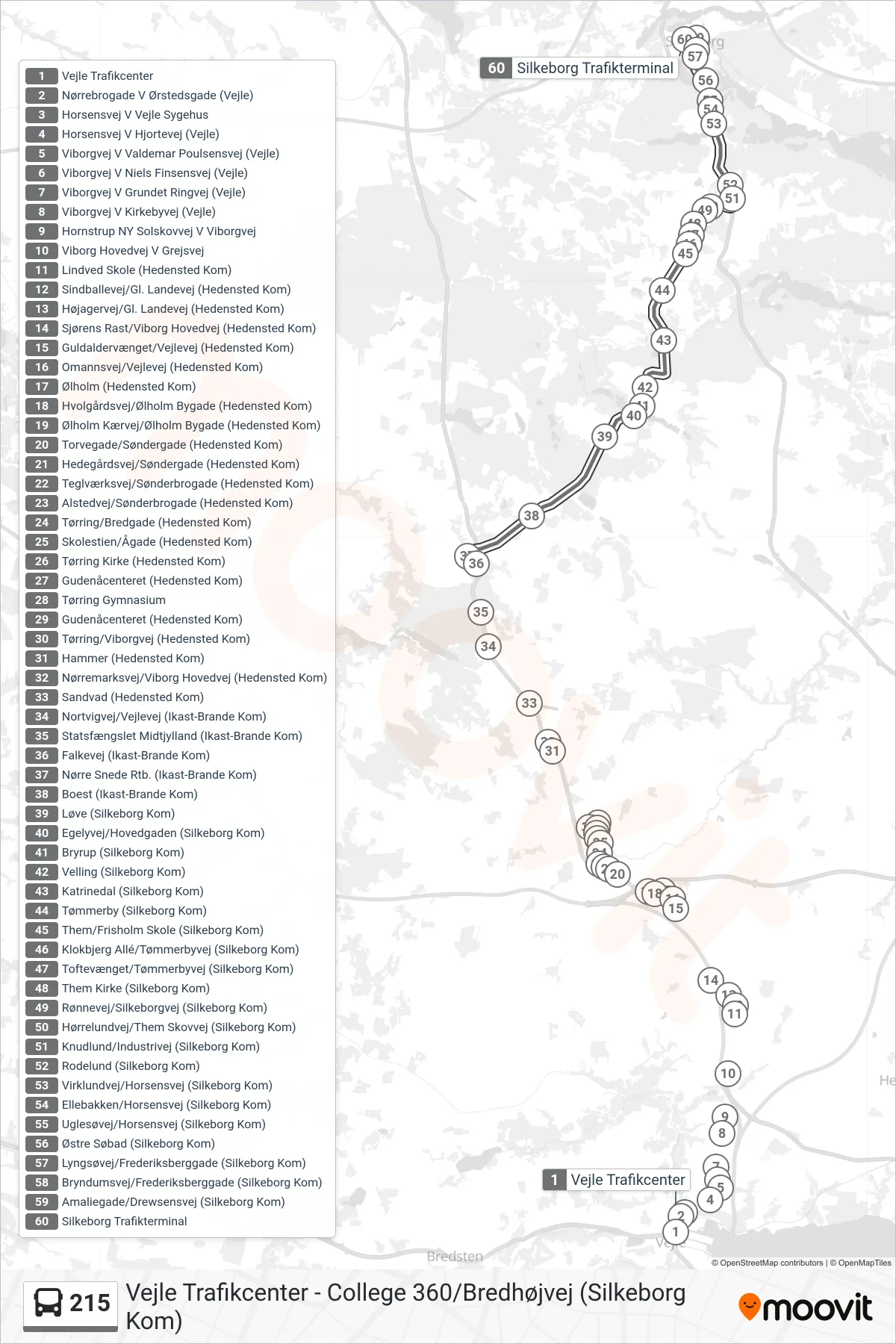 215 bus Linje (Silkeborg Trafikterminal) rute og stop på et kort