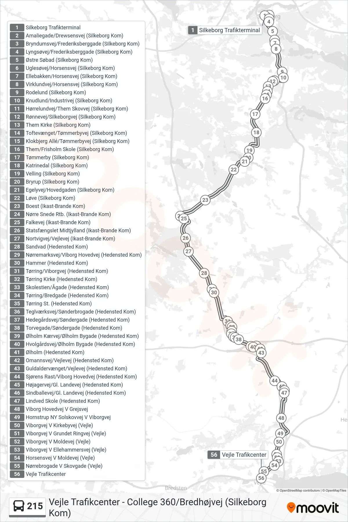 215 bus Linje (Vejle Trafikcenter) rute og stop på et kort