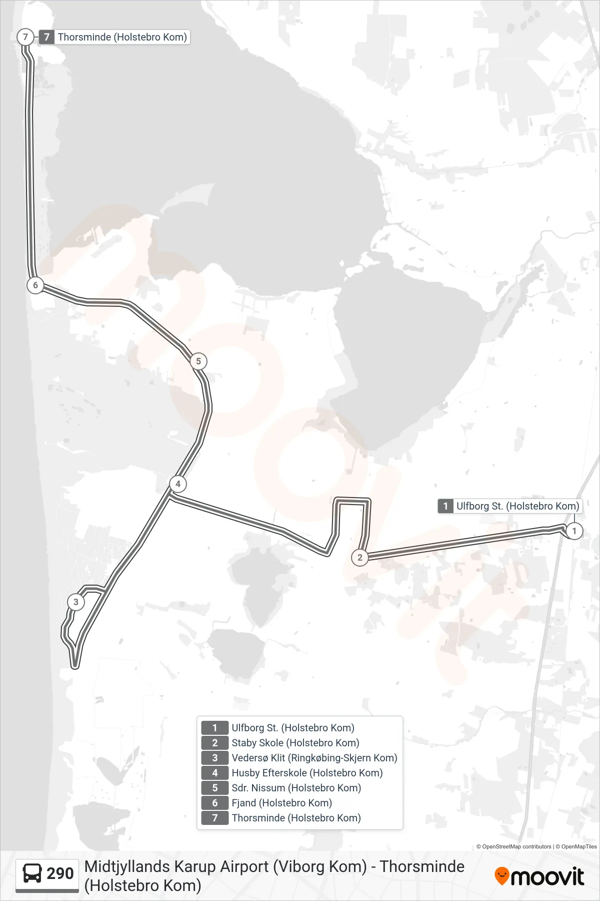 290 bus Linje (Thorsminde) rute og stop på et kort