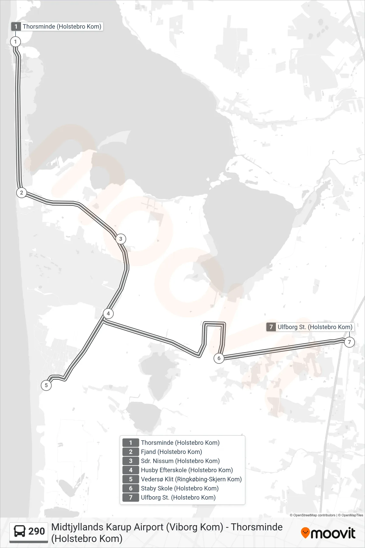 290 bus Linje (Ulfborg St.) rute og stop på et kort