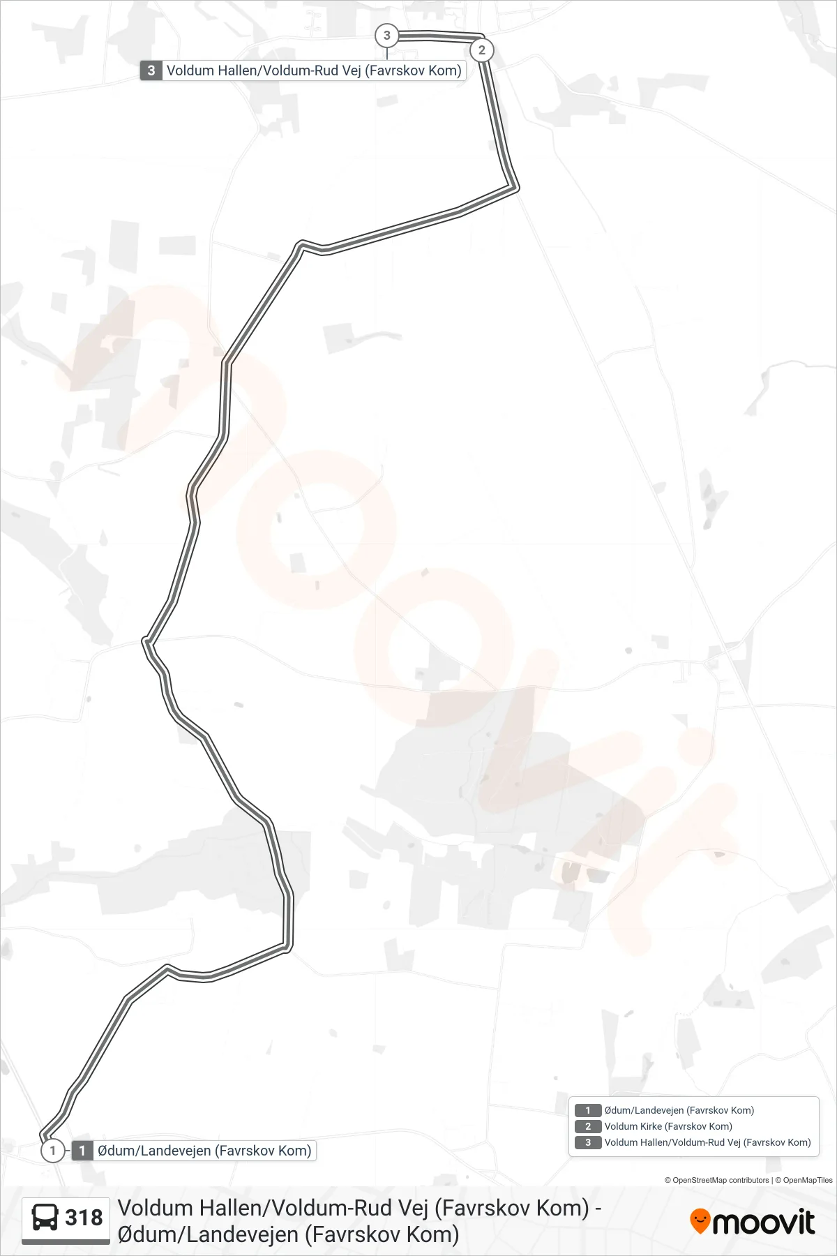 318 bus Line (Voldum Hallen) route and stops on a map