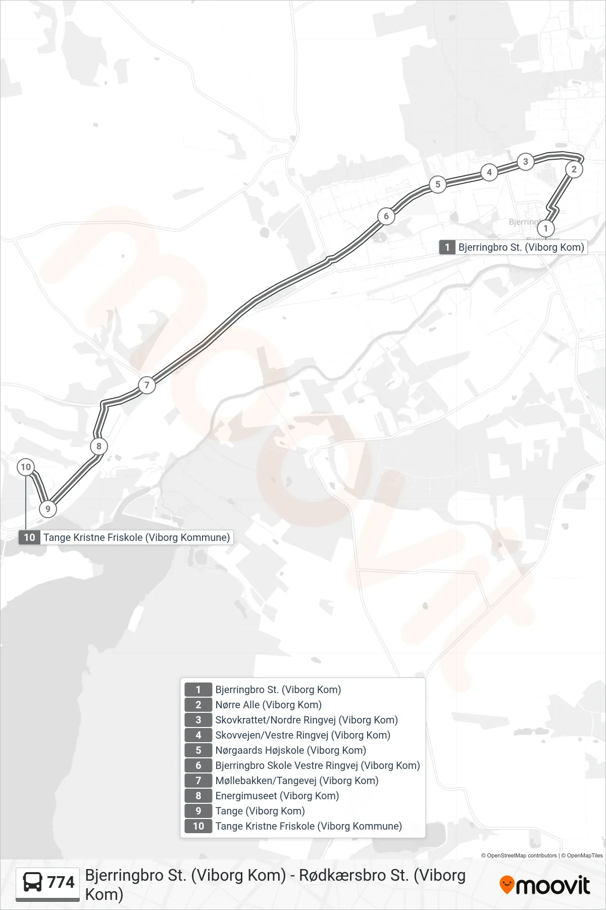774 bus Line (Tange) route and stops on a map