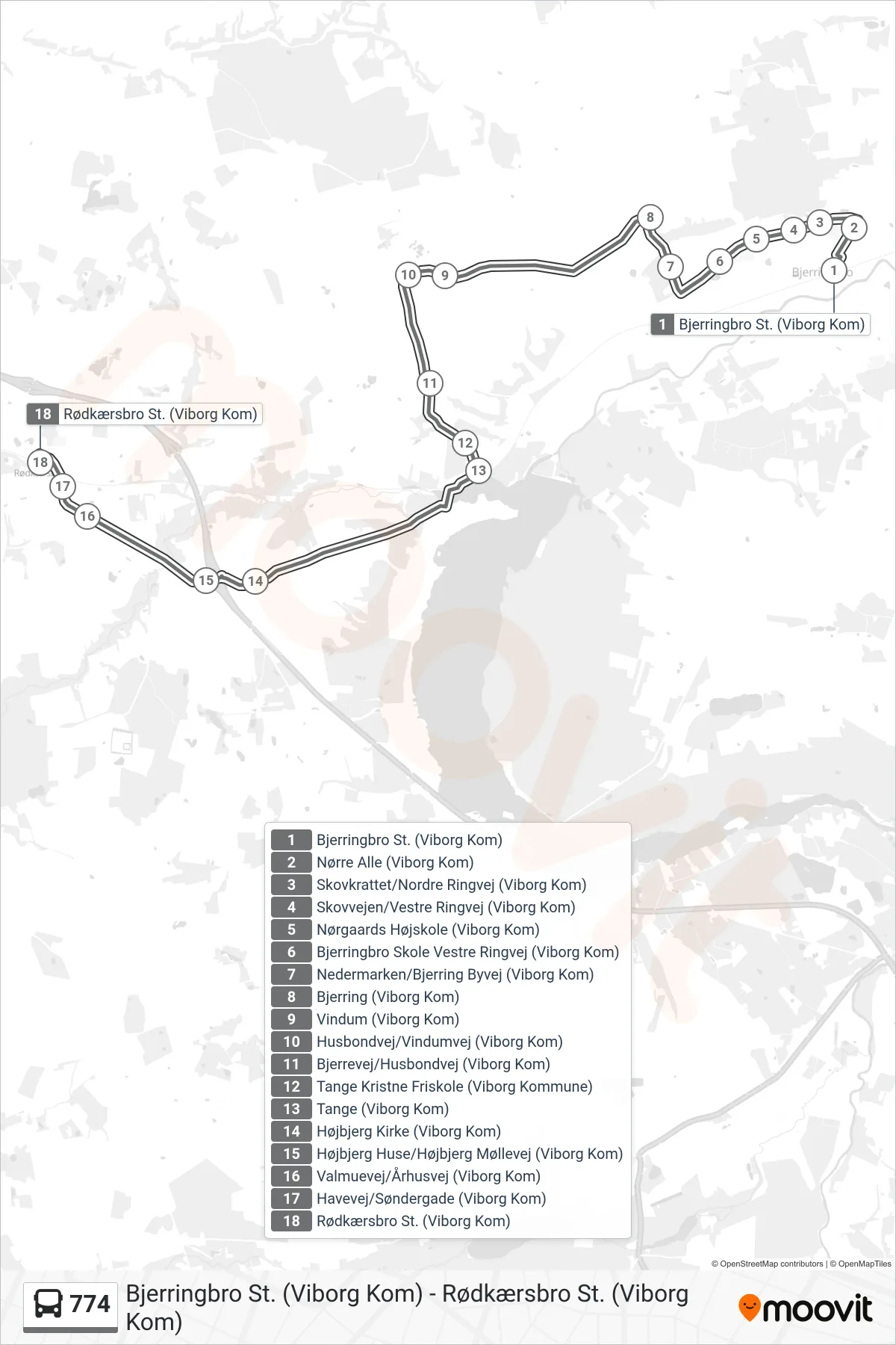 774 bus Linje (Rødkærsbro St.) rute og stop på et kort