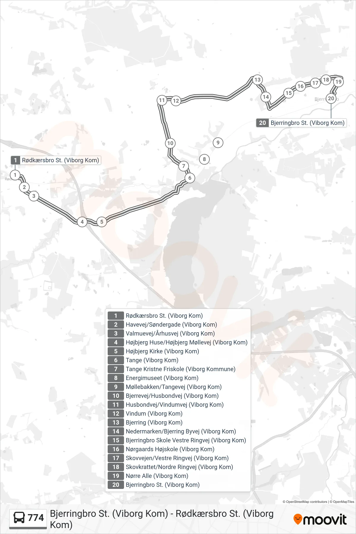 774 bus Line (Bjerringbro) route and stops on a map