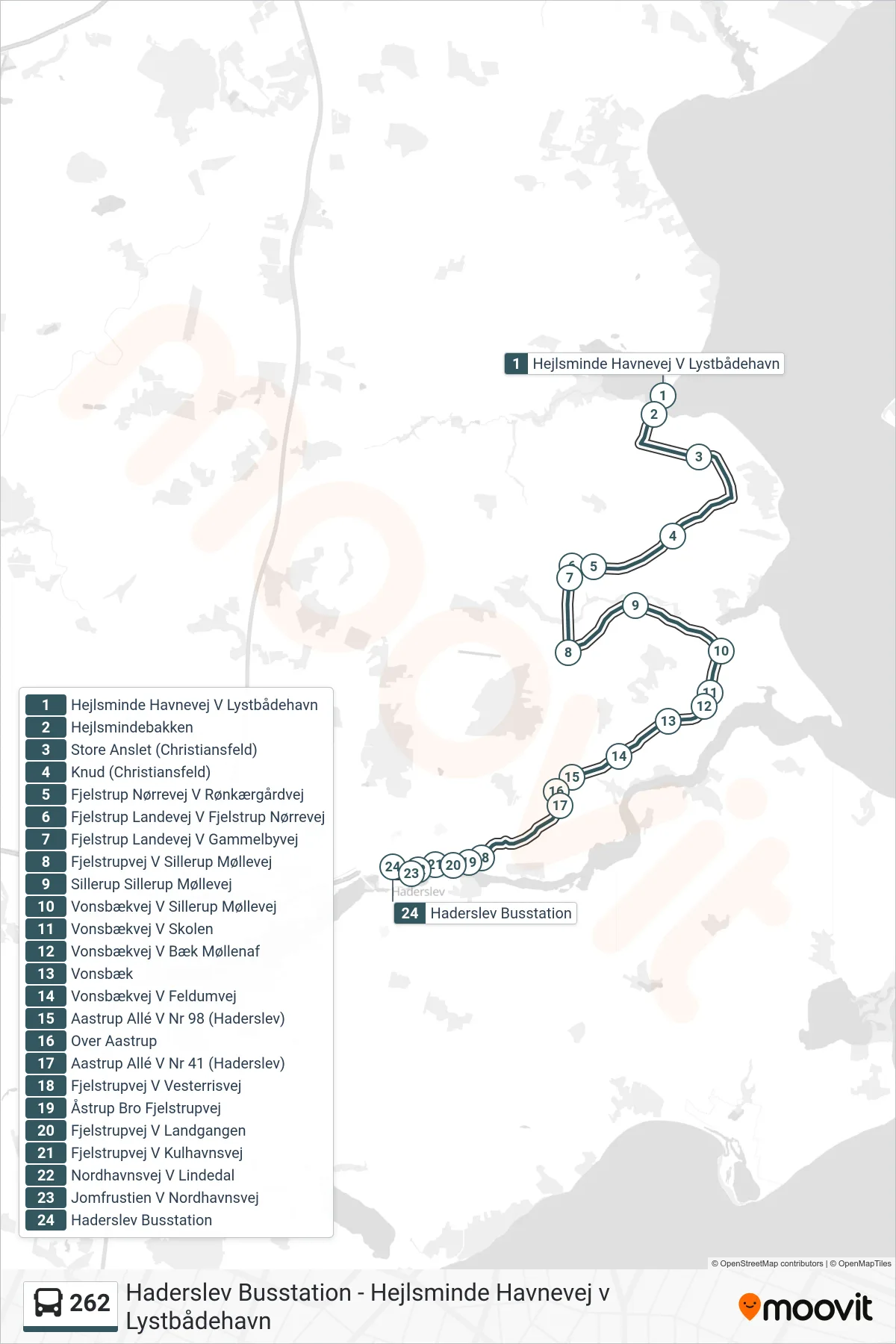 262 bus Linje (Haderslev Busstation) rute og stop på et kort