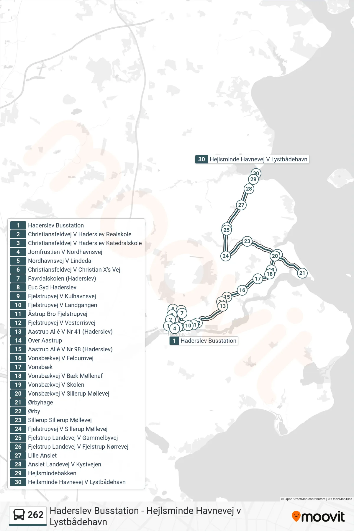 262 bus Line (Hejlsminde Havnevej V Lystbådehavn) route and stops on a map
