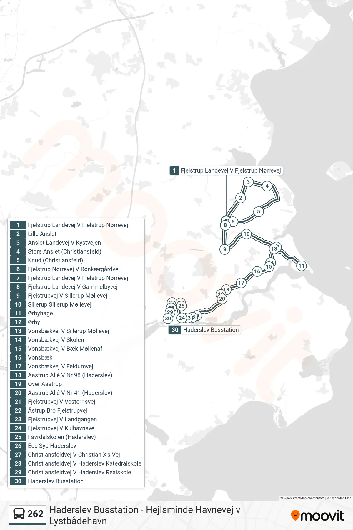 262 bus Linje (Haderslev Via Ørby Hage) rute og stop på et kort