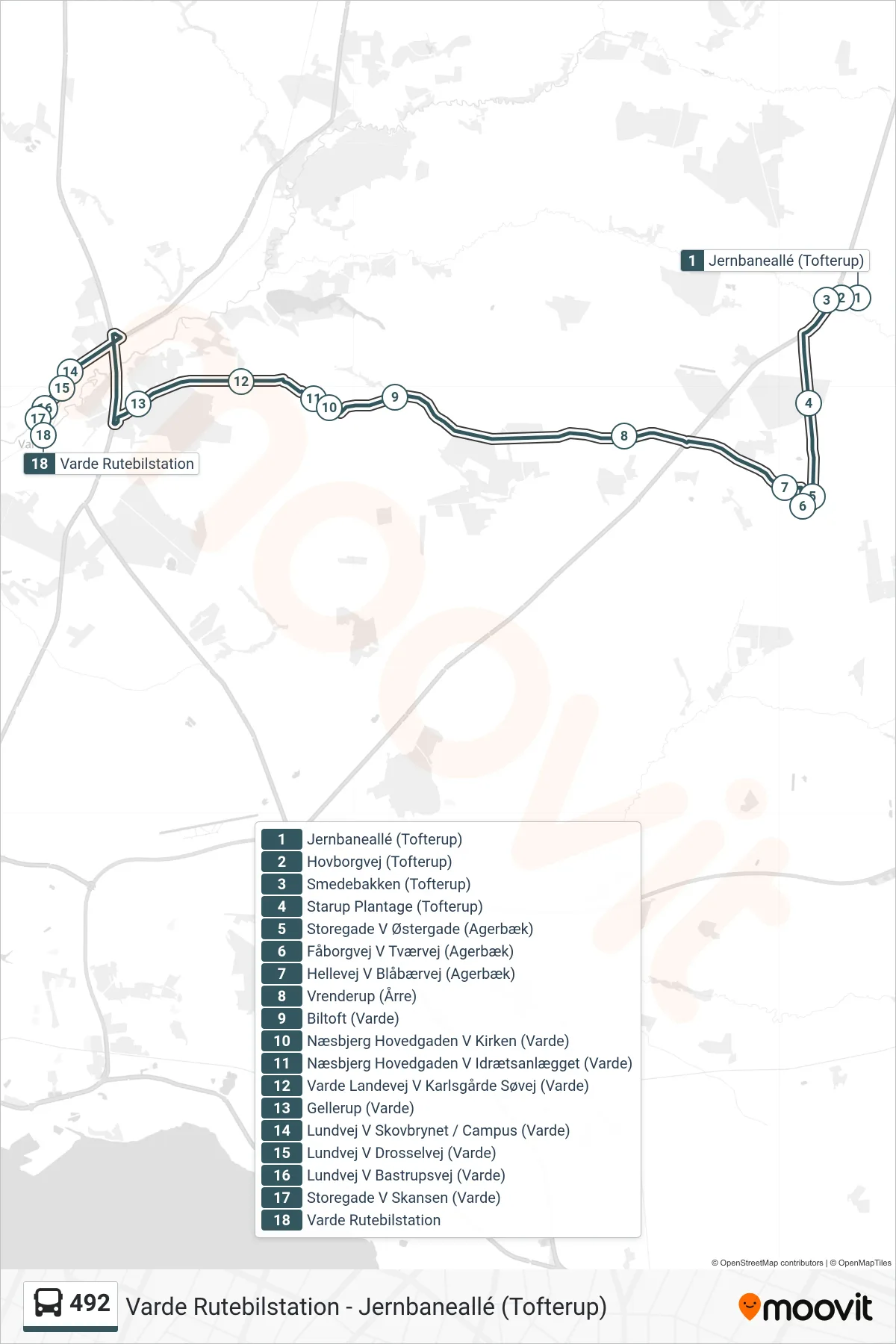492 bus Linje (Varde Rutebilstation) rute og stop på et kort